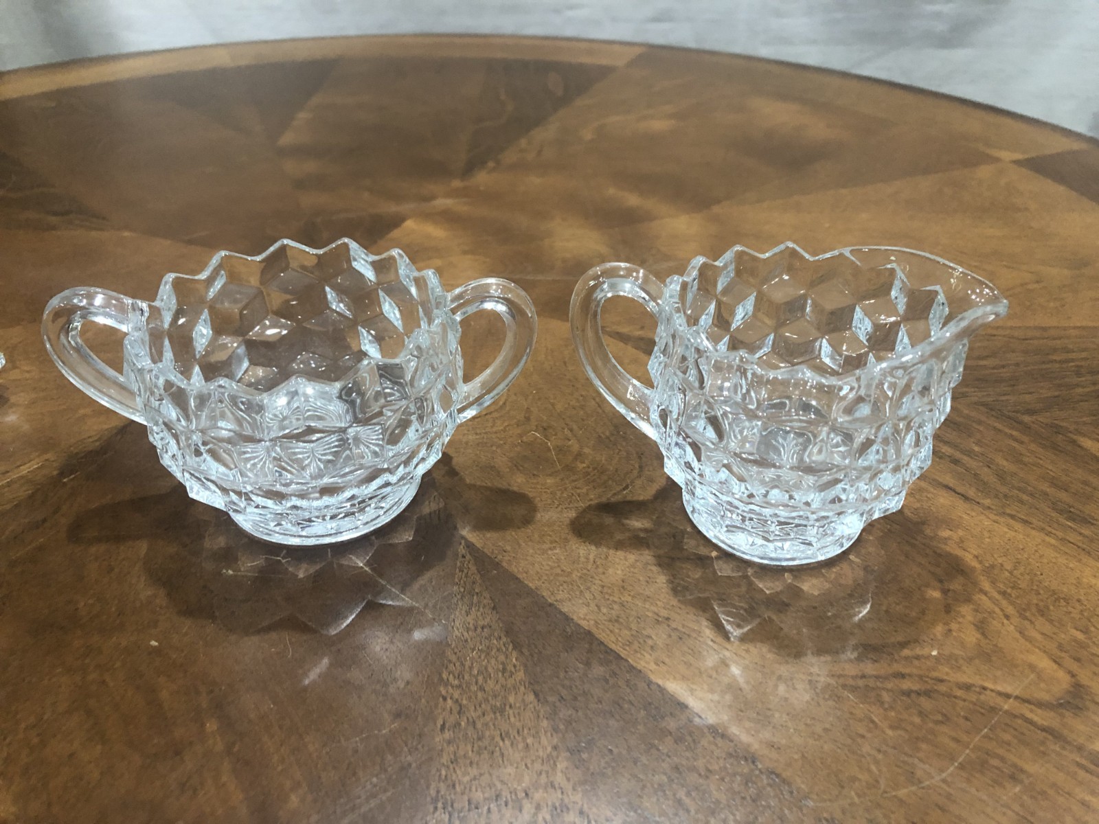 FOSTORIA CLEAR GLASS AMERICAN CUBIST PATTERN CREAMER, SUGAR BOWL AND TRAY SET