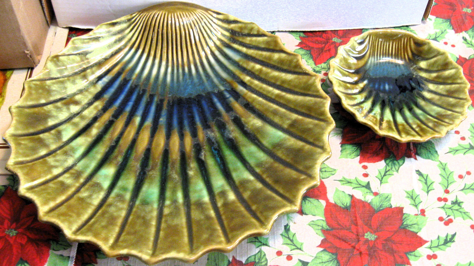 Vtg McCoy Green Blue Drip Shell/Clam 2 Tier Chip Dip Platter #901