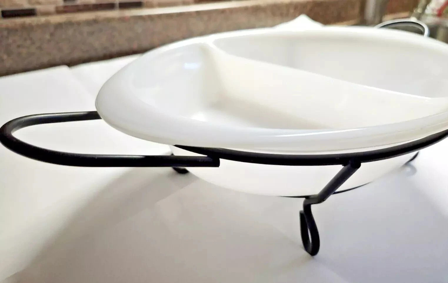 Vintage GLASBAKE J-239 WHITE Divided Oval CASSEROLE DISH & METAL SERVING STAND