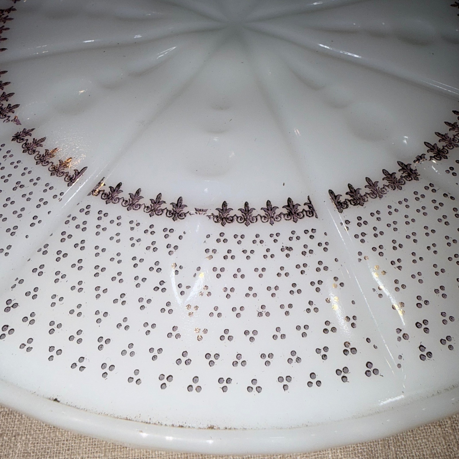 Anchor Hocking Ivory White Cake Plate 22K Gold Decorated Pedestal Stand