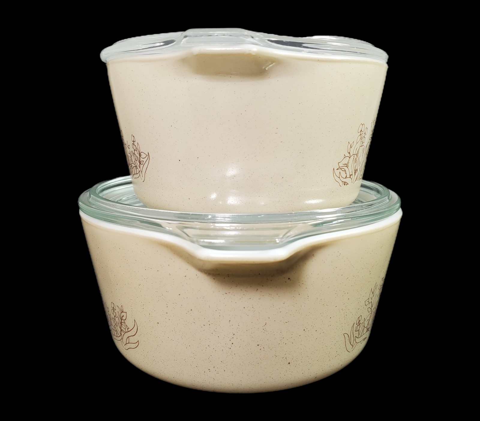 VTG Pyrex Forest Fancies Mushroom Casserole Dishes 473 & 474 w Lids Corning Mark
