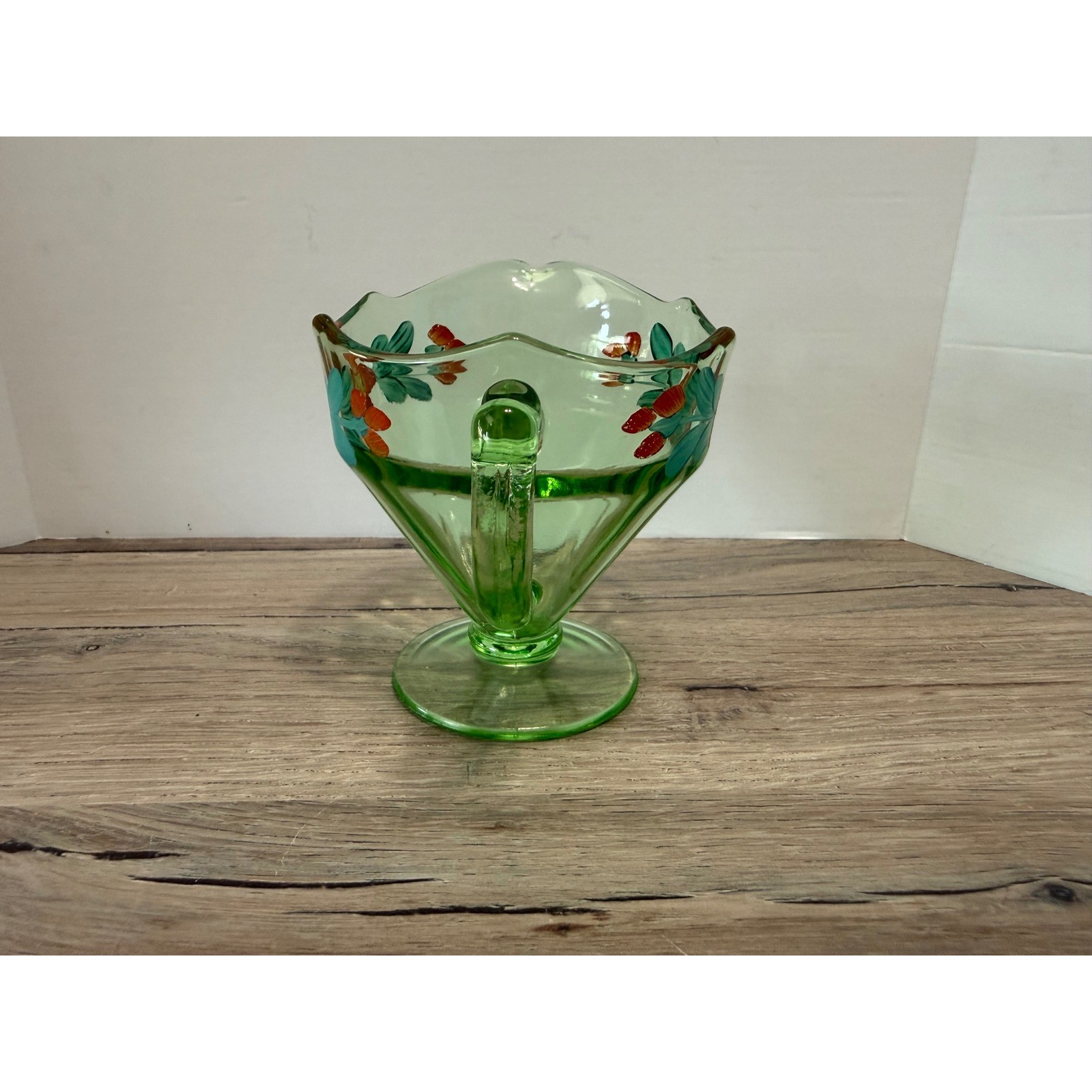 Vintage Green Glass Creamer Pitcher Hand Painted Floral Scalloped Footed 5in