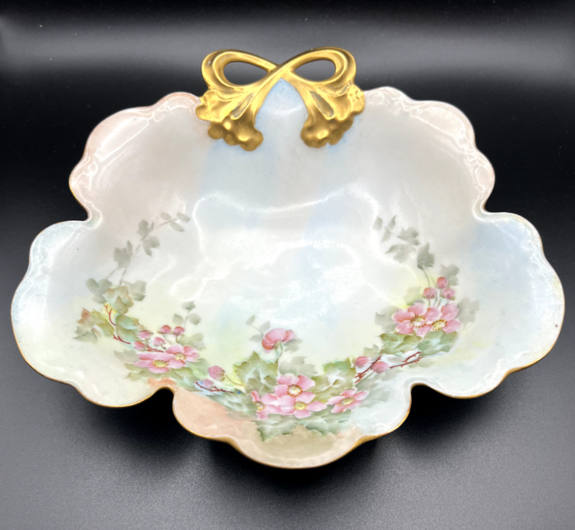 Antique JHR Alice Bavaria Gold Bow Handled Nut Dish Hand Painted Floral