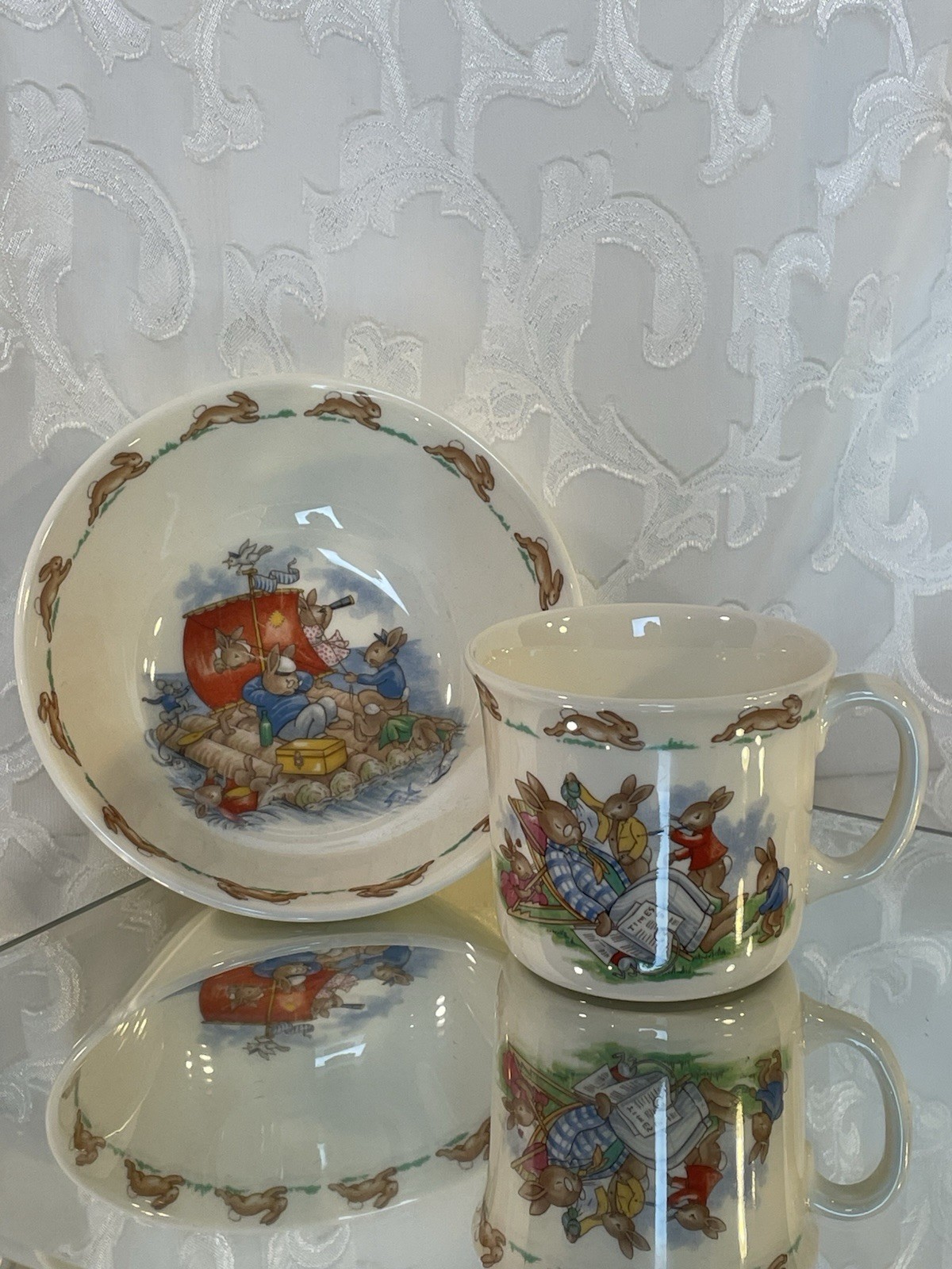 1936 Royal Doulton Bunnykins Bone China Easter Children Bowl And Cup Set England