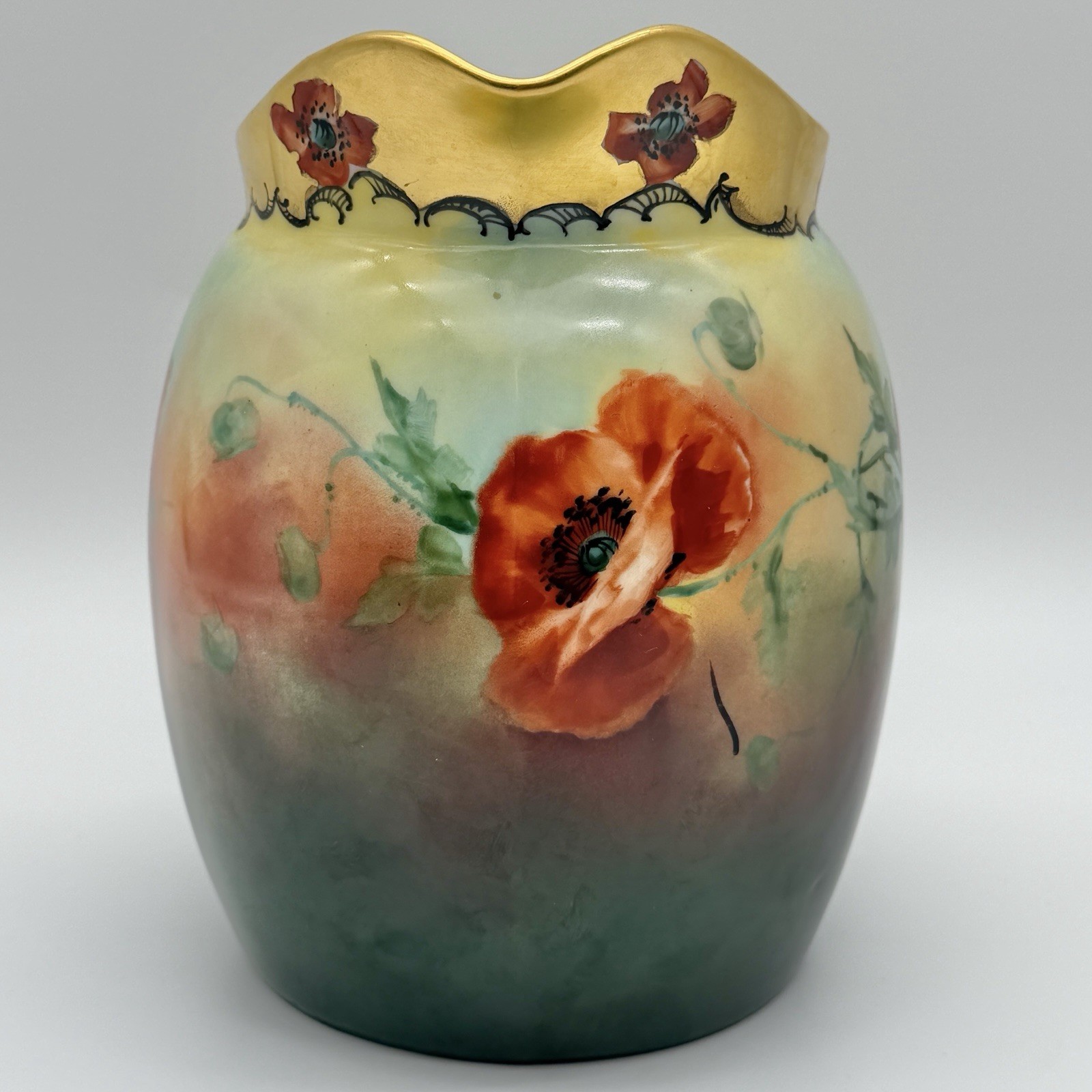 Antique T & V France Pickard Red Poppies Pitcher 8” Hand Painted F. Hathaway /cb