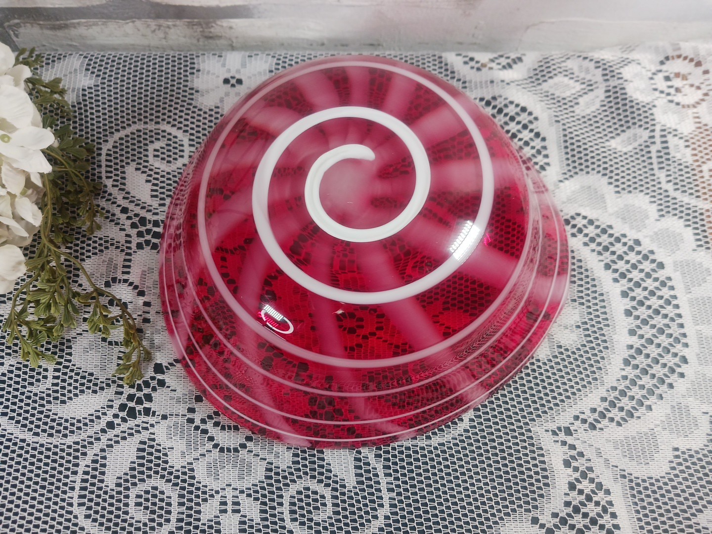 Glass Red White Swirl Hand Blown Art Glass Candy Bowl Asymmetrical Holiday Decor