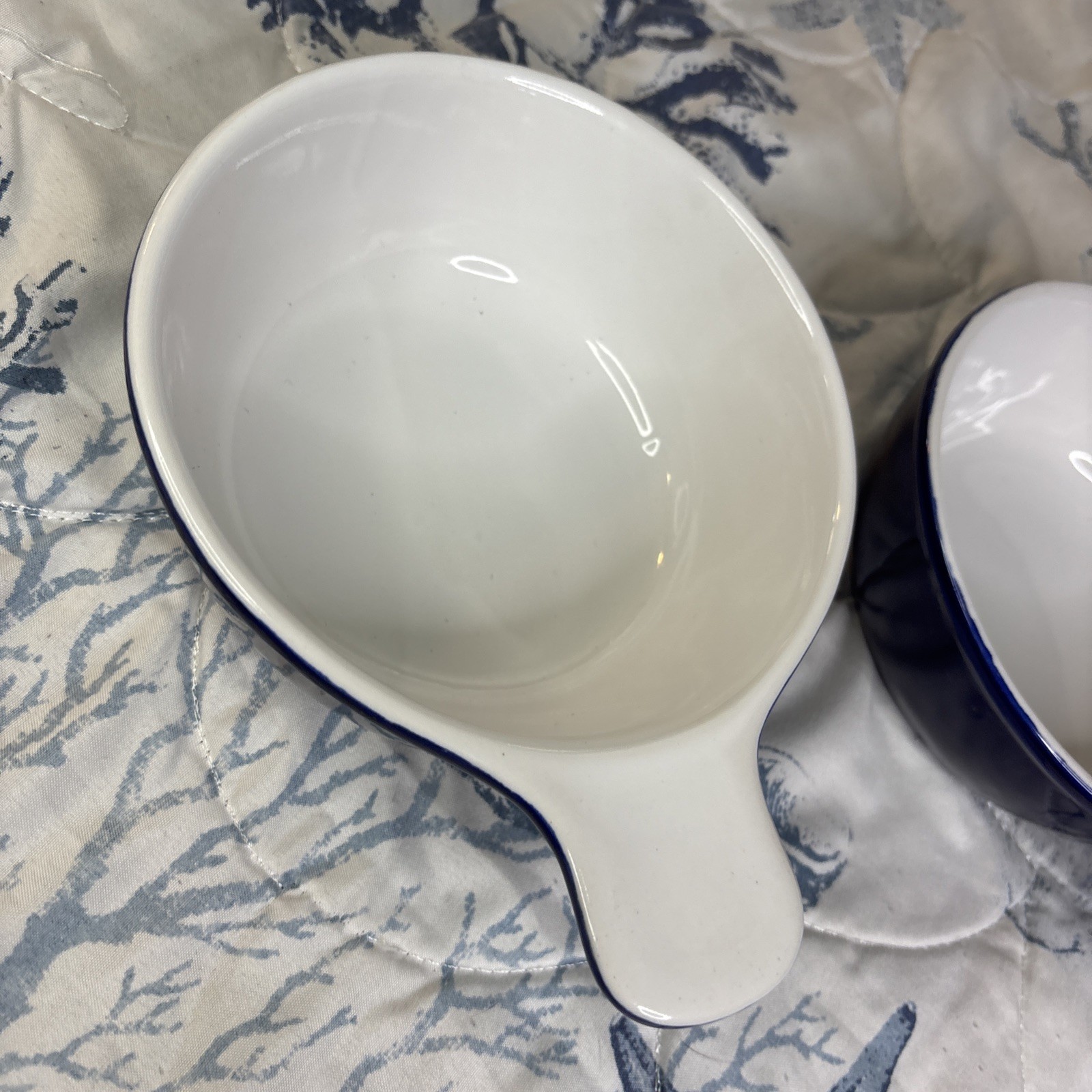 2 Navy Blue & White Interior Nesting Grab Stoneware Matching Bowls-Very Durable