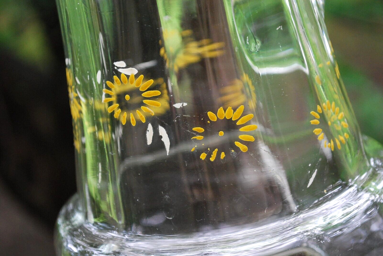 Antique Victorian PITCHER Clear Optic Glass FLORAL ENAMELED DAISIES Petal Rim