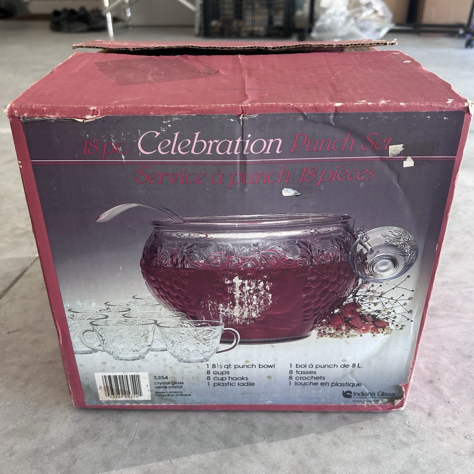 Vintage Indiana Glass Grapes Celebration Punch Bowl Cups Set In Box #5354