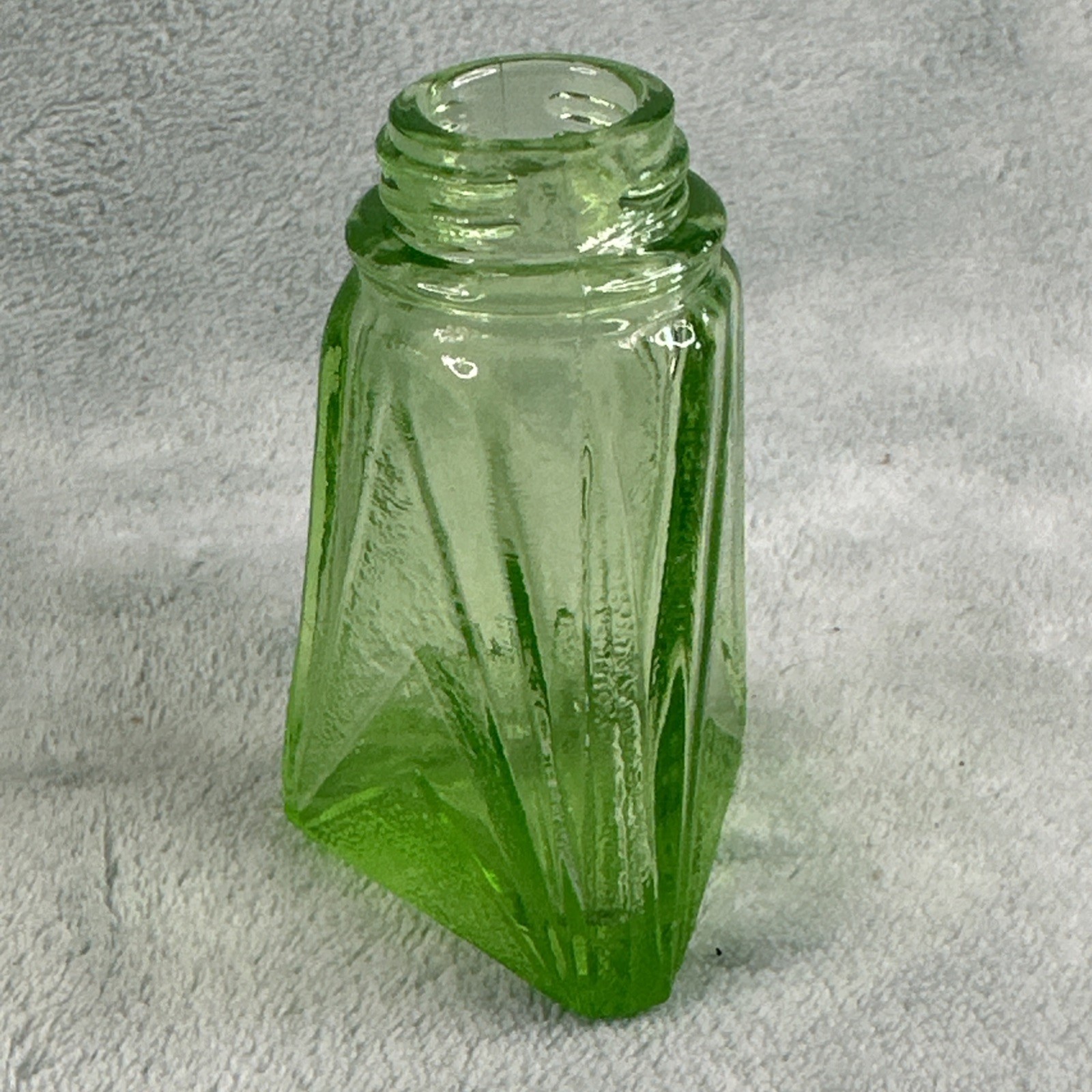 Vintage Vaseline Glass Art Deco Salt Pepper Shaker Caddy Uranium Glow SEE CHIP