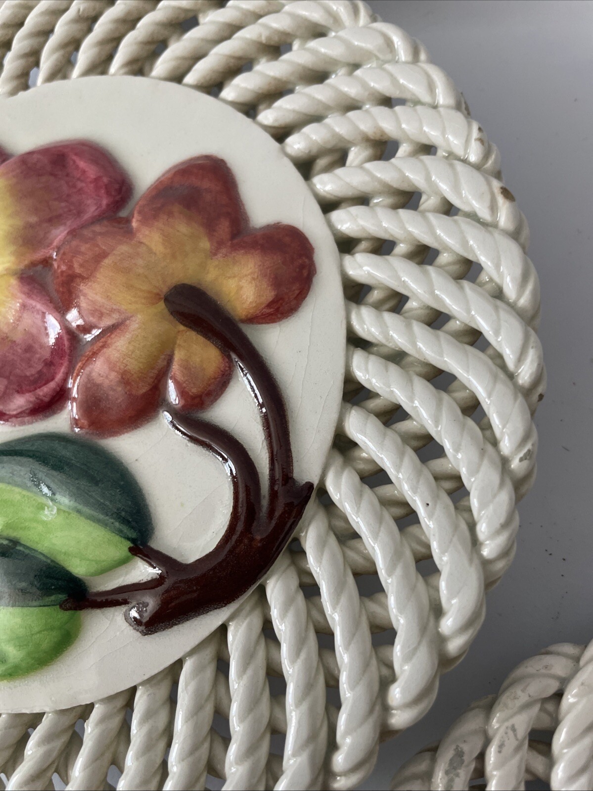 Ceramic Spain Wall Plates Spanish Art 3D Fruit Flowers Lattice Painted Set of 3