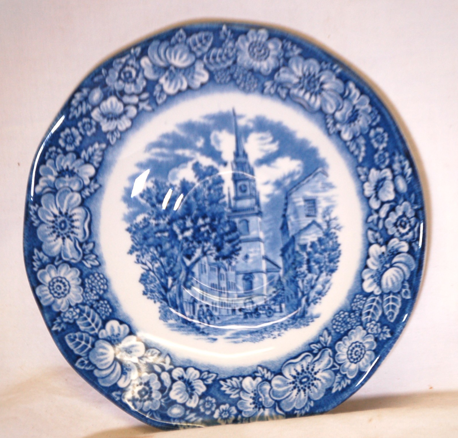Liberty Blue Staffordshire Saucer Blue & White Floral Rim Scenes in Center