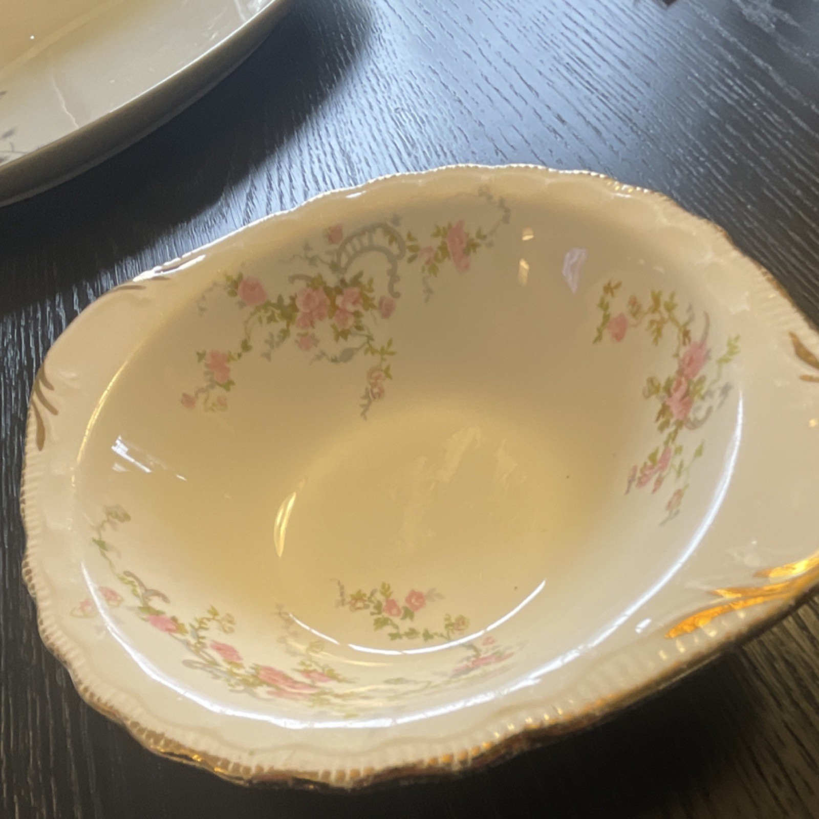 Porcelain Floral Decorative Bowl Gold Trim Oval Glossy White Pink Green Gold