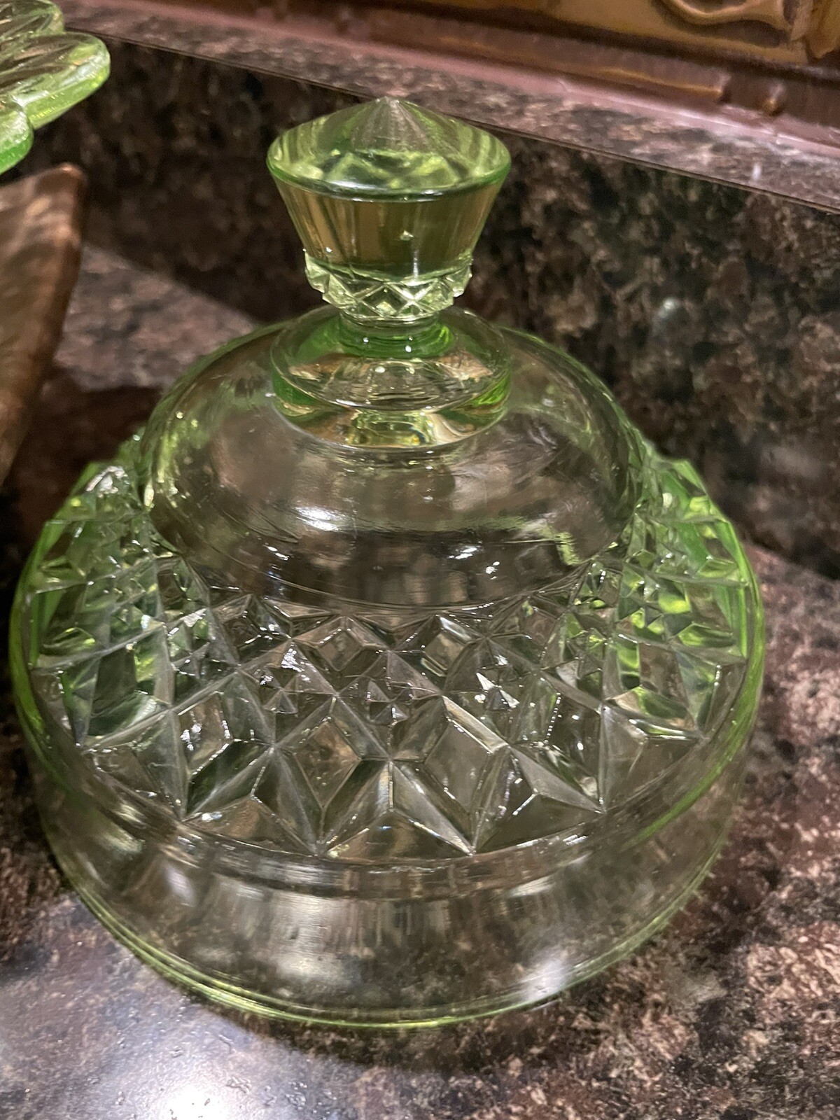 Vintage Riverside Green Vaseline Glass Petticoat Pattern Covered Bowl 30s Tested