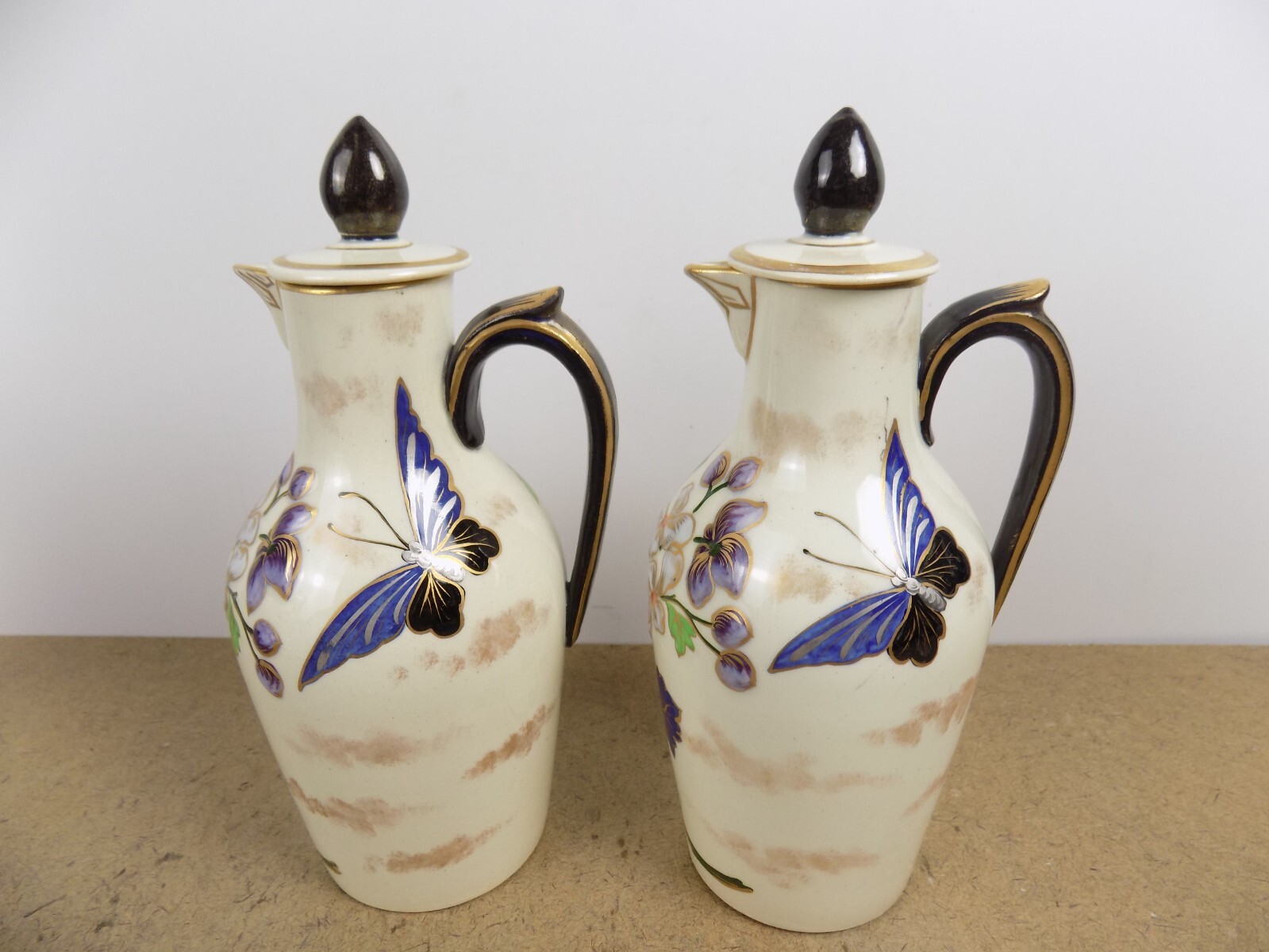 Antique Keller & Guerin Luneville Cruet Set Butterfly & Flower France