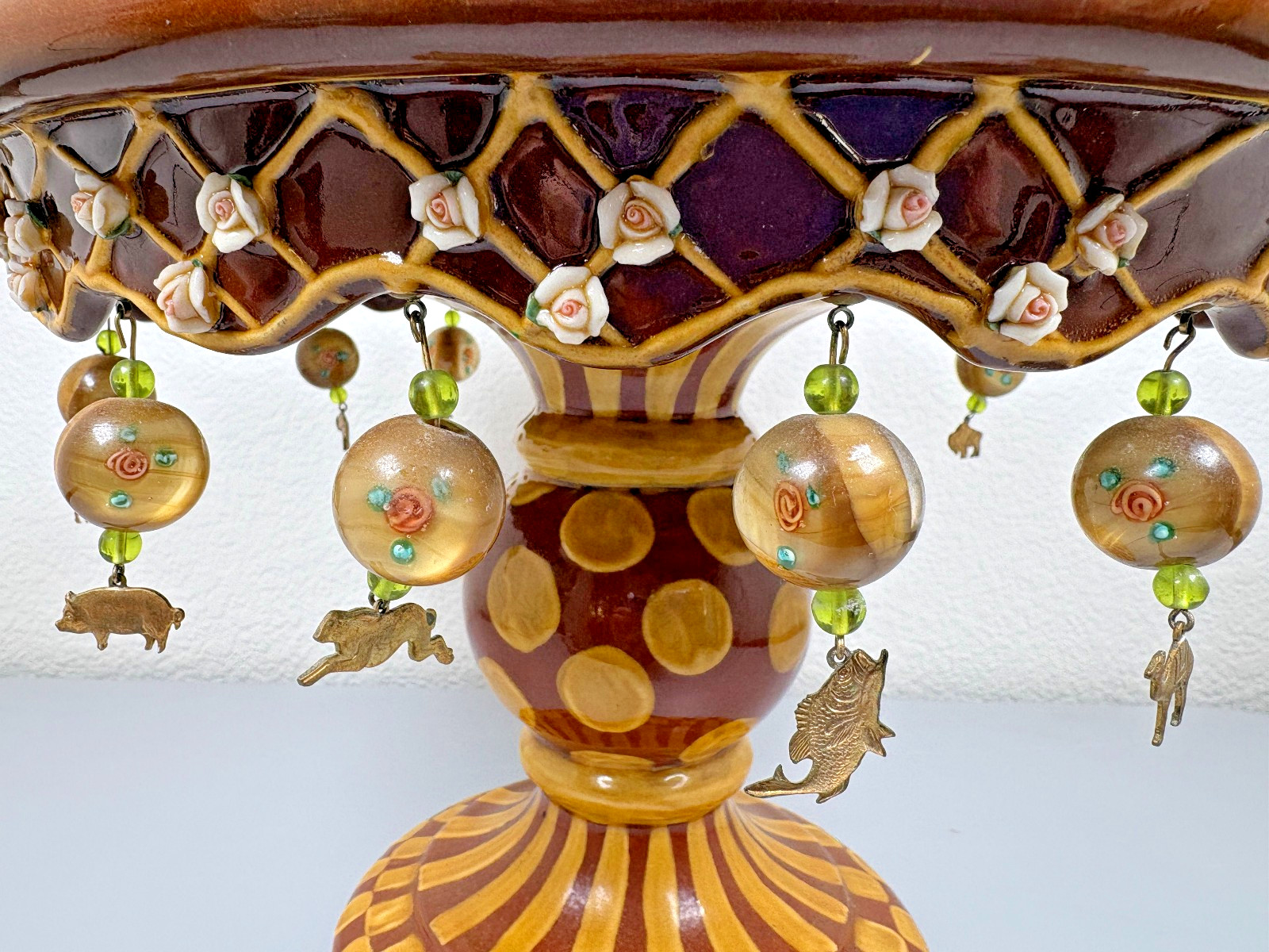 Mackenzie Childs Vintage Wittika Peanut Cake Stand Gold Animal Charms Roses