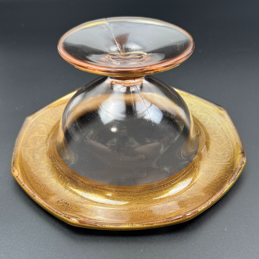 Vtg Octagonal Footed Pink Depression Glass With Gold Gilded Rim Etched Patterns