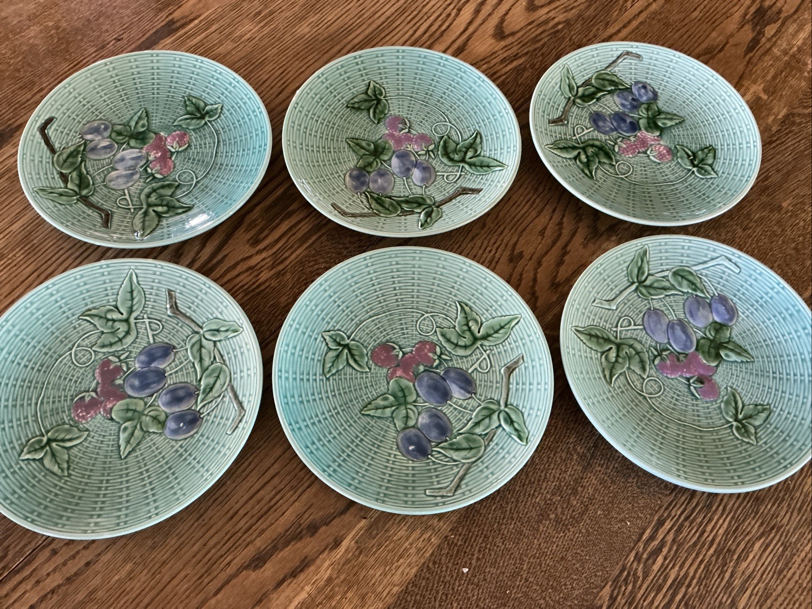 Set Of SIX Majolica Plates Teal Aqua Raspberry Plumb 2230 B Germany Weave 7.75”
