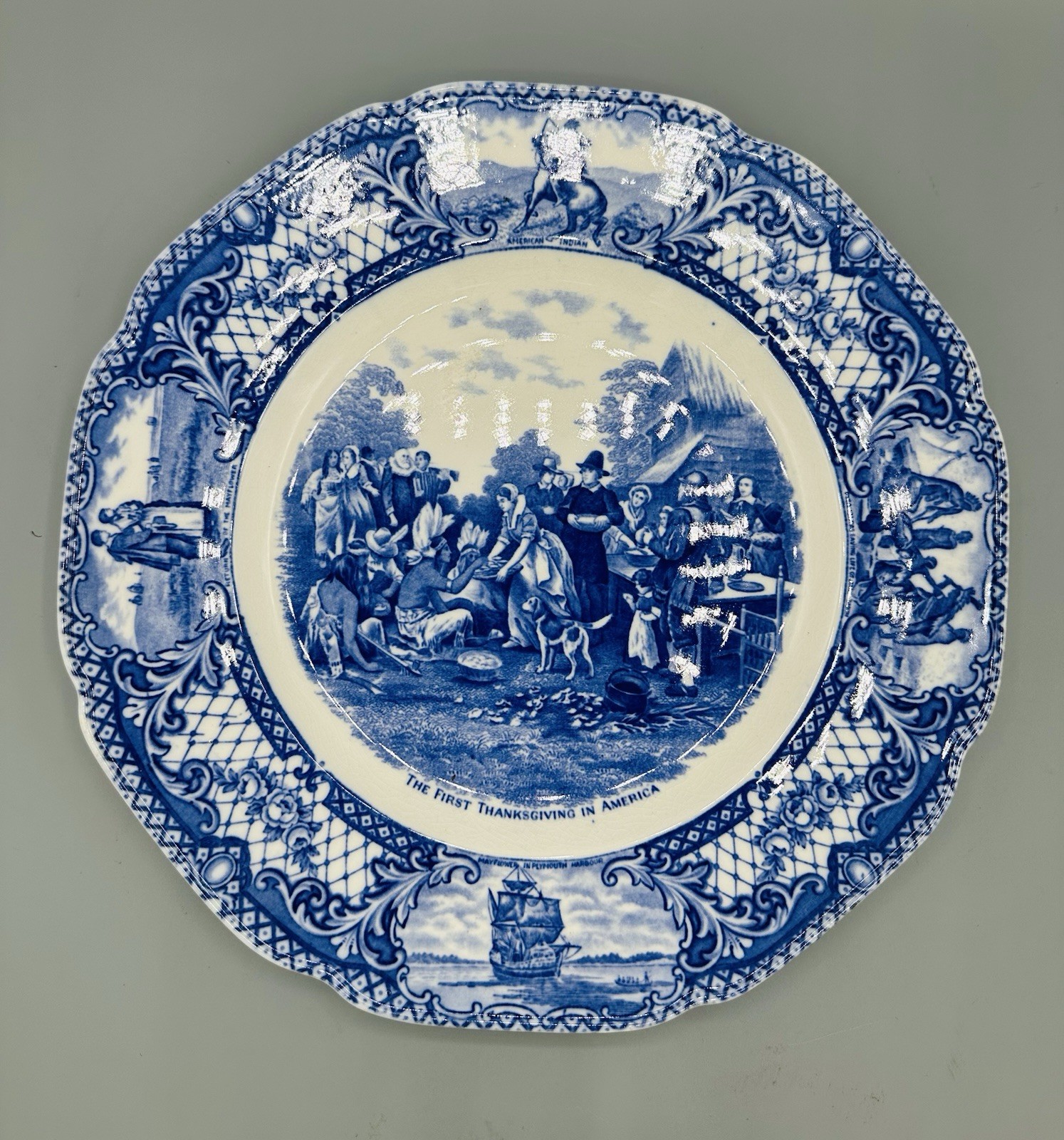 Crown Ducal Colonial Times 10.5″ Dinner Plate First Thanksgiving Blue Mint