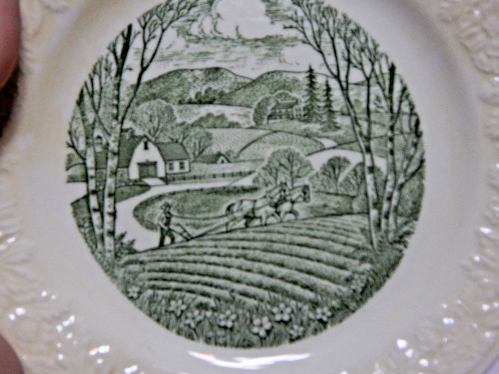 Vintage Homer Laughlin Pastoral Patterm Dessert Plate w/ embossed floral & farm