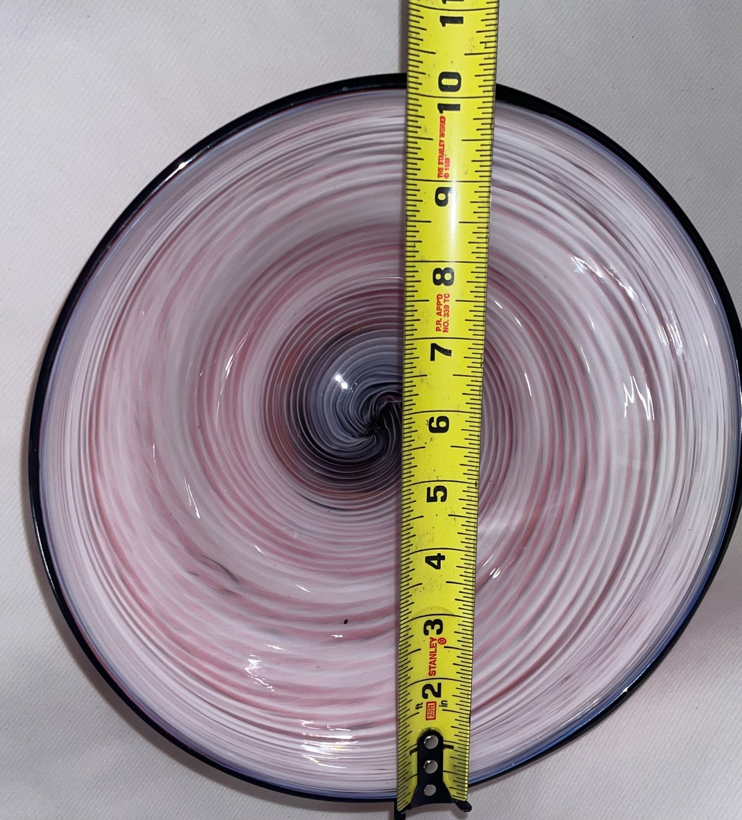Hand Blown Pink Swirl Pattern Bowl W/ Black Base & Rim10 1/2 Inches Wide