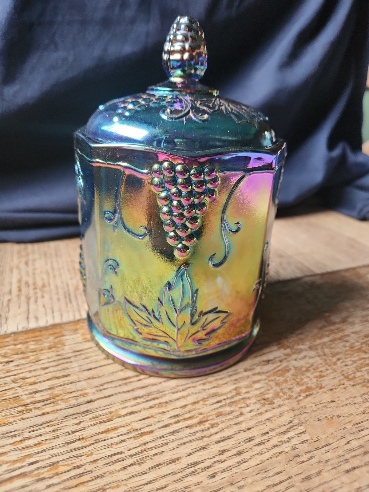 Indiana Blue Grape Harvest Carnival Glass Candy Dish Canister Iridescent W/lid