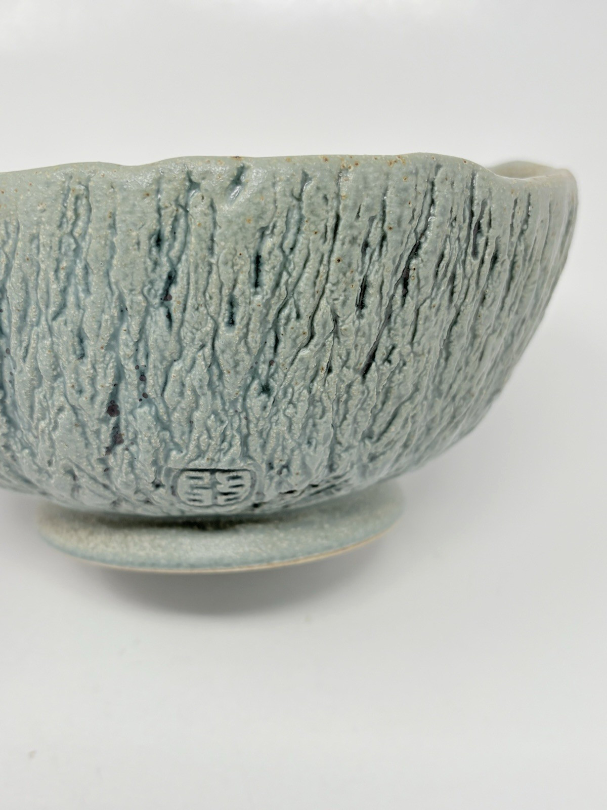 Studio Artisan Pottery Bowl Green Textured Tree Bark Matte Signed Marked 6.5″
