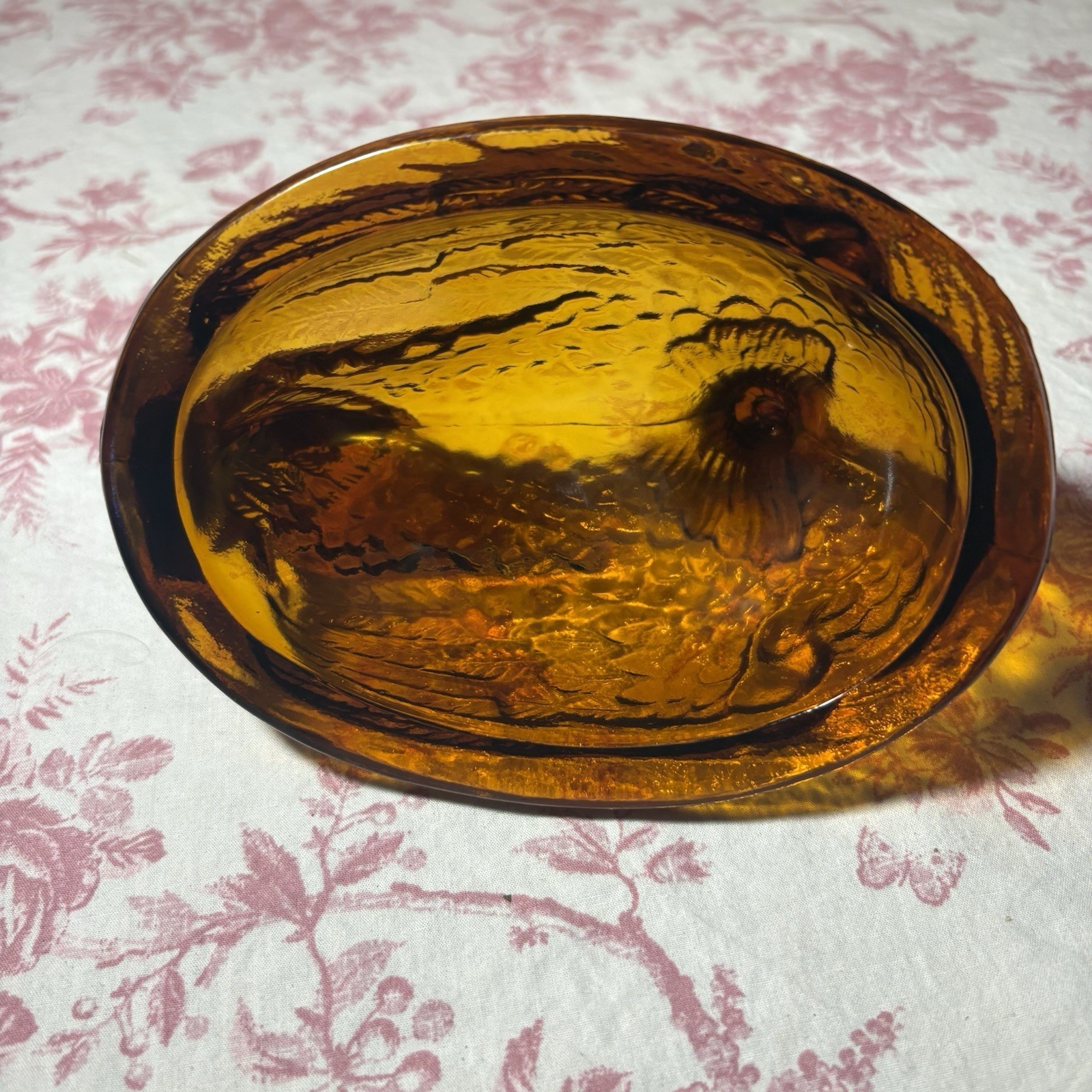 Vintage LE Smith Amber Glass Hen On Nest Chicken Deviled Egg Plate Rare HTF