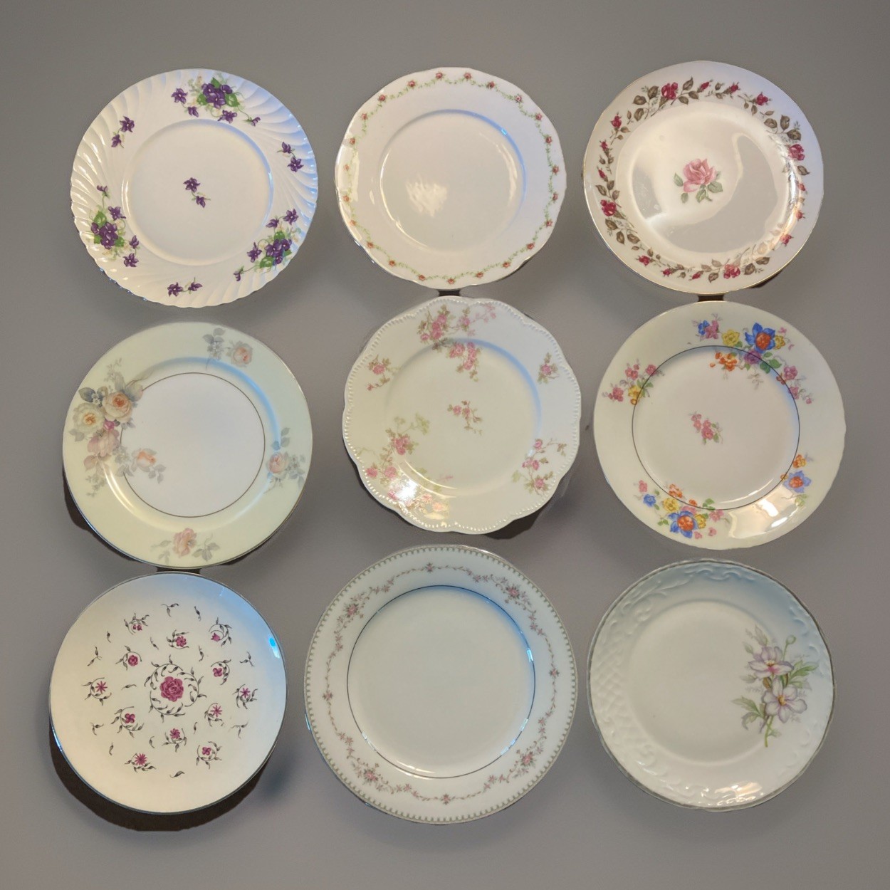 9 Vintage Mismatched China Lunch Cake Plates Floral Design @ 7.25-8.25” Dia