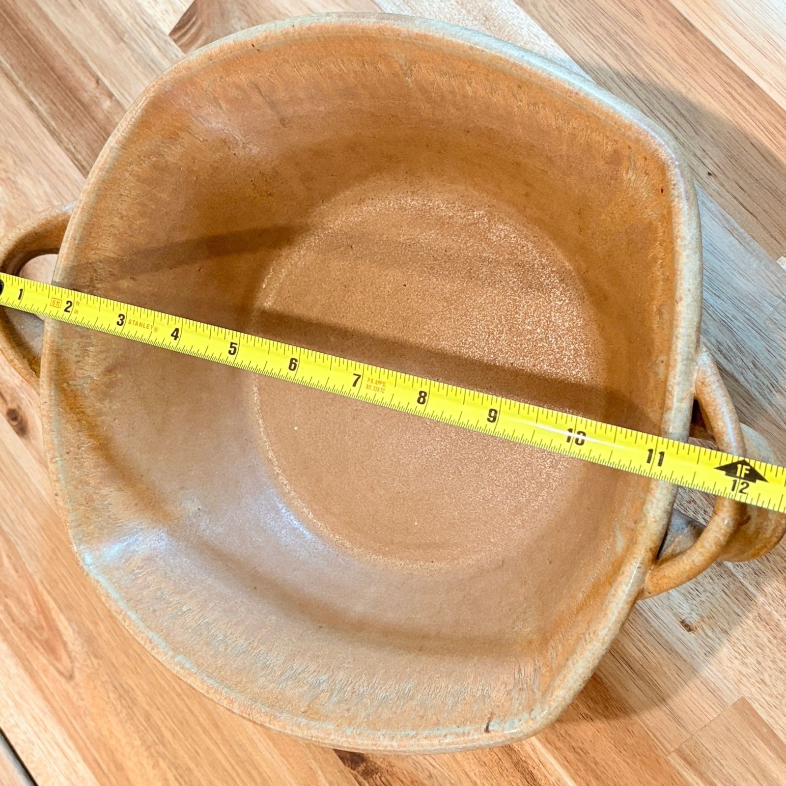 Studio Pottery 12″ Bowl w/ Handles Rustic Brown Stoneware Signed Unique