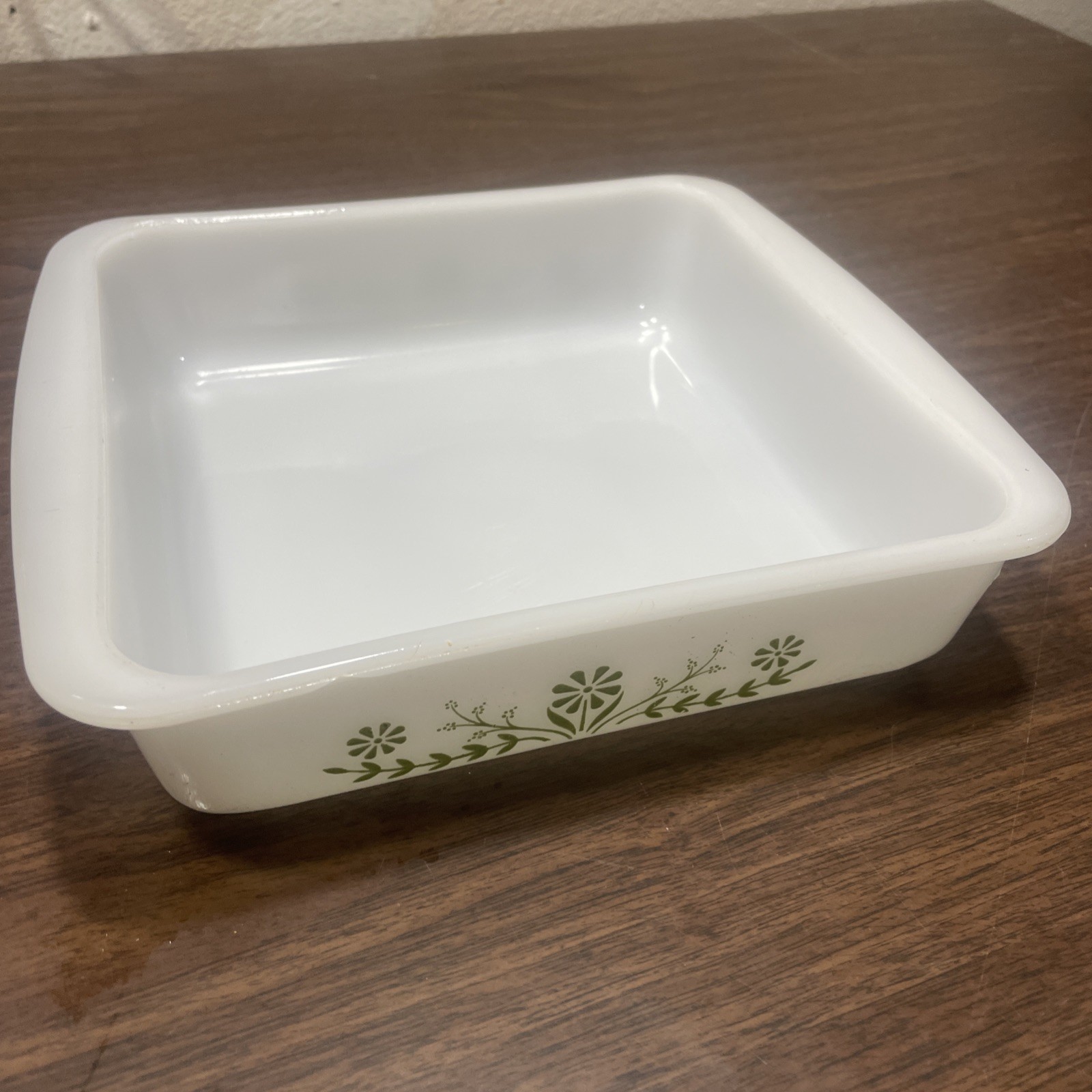 Vintage Glasbake Casserole Dish J2428 Green Daisy 8″ x 8″ No Lid