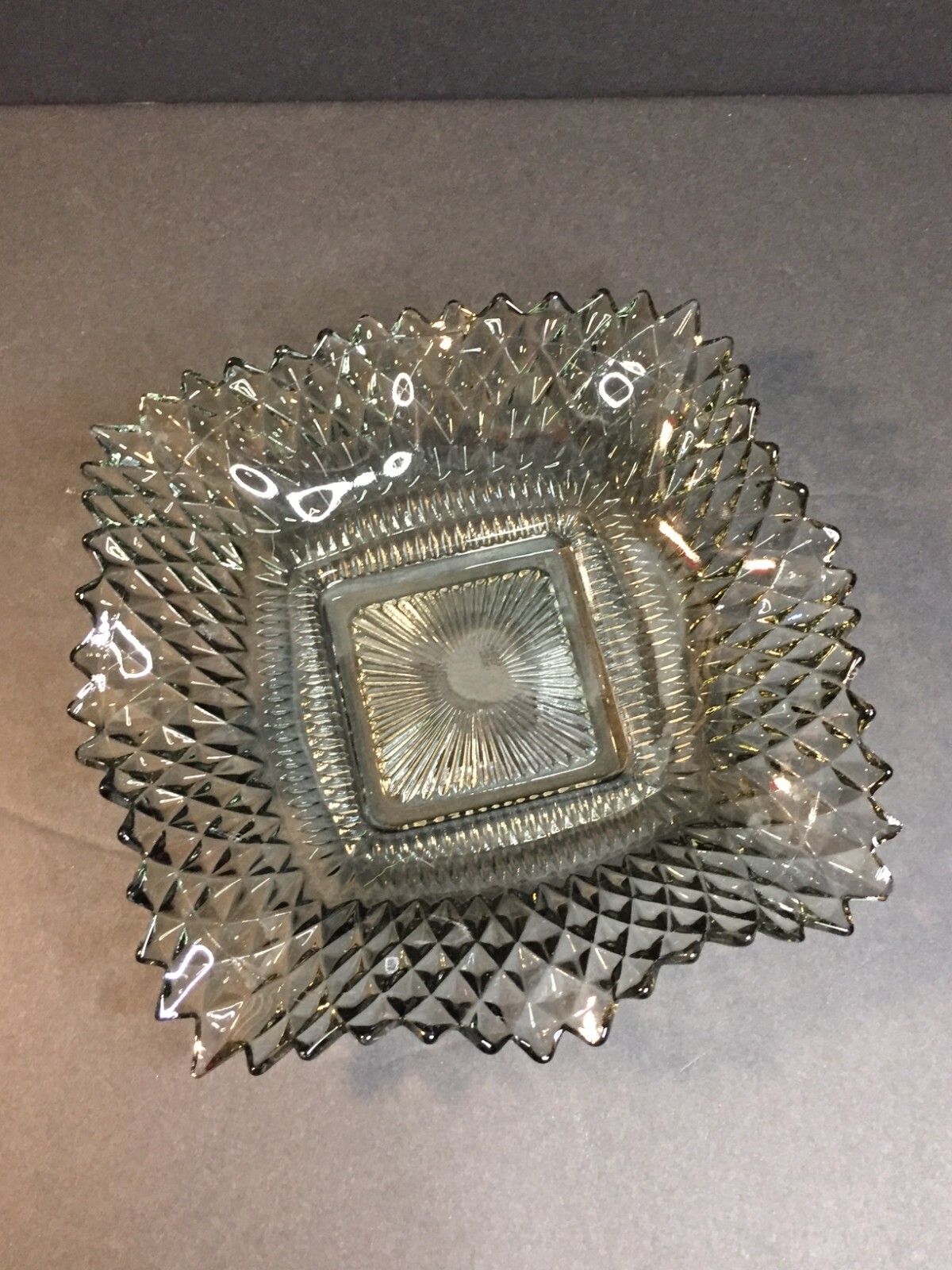 Light Gray Clear Glass Candy Bowl Square Serving Dish with Pointy Edges Vintage