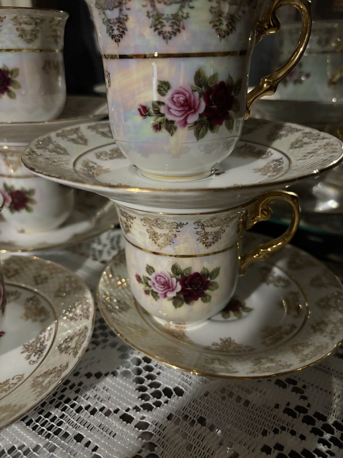 Yasui Porcelain 24KT Gold Plated Floral Cup & Saucer Set White Pink Green
