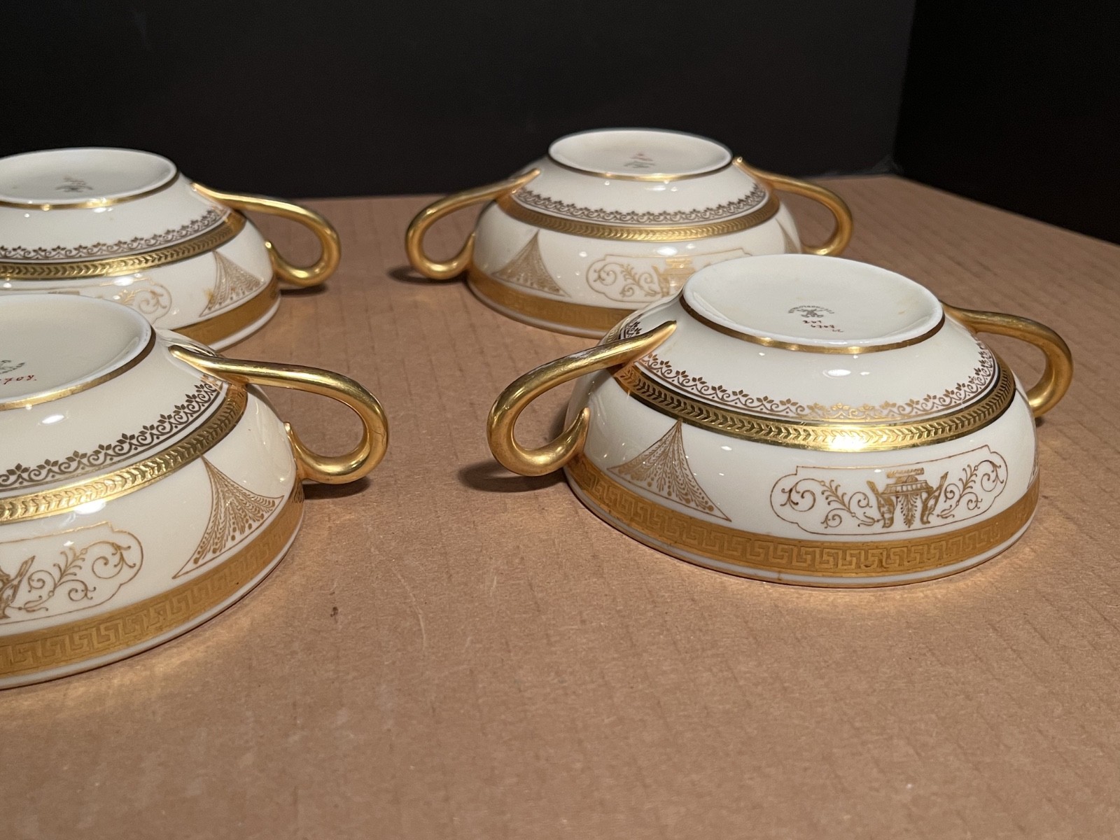Antique Pirkenhammer Gold Encrusted Bouillon Cream Soup Cups Saucers Set of Six