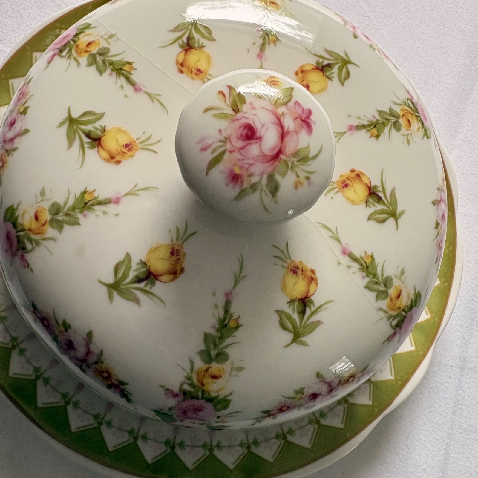 Powell Craft Floral Porcelain Covered Butter Dish/Cheese Dome Roses Green Border
