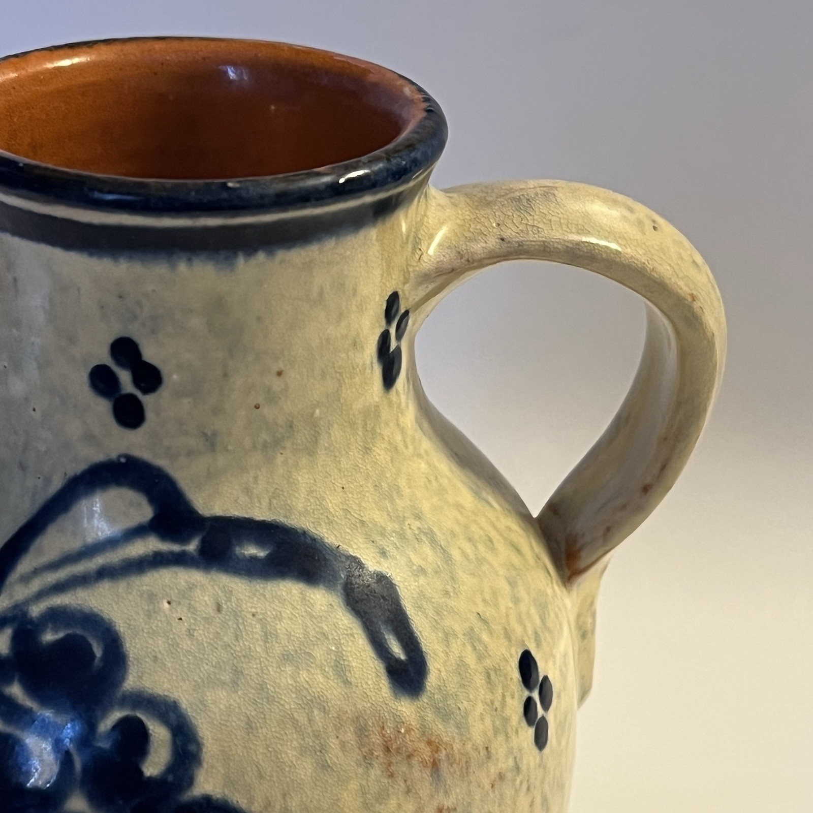 Vtg K Schafer GERMAN Pottery Pitcher Handmade Pale Yellow Cobalt Blue Edenkoben