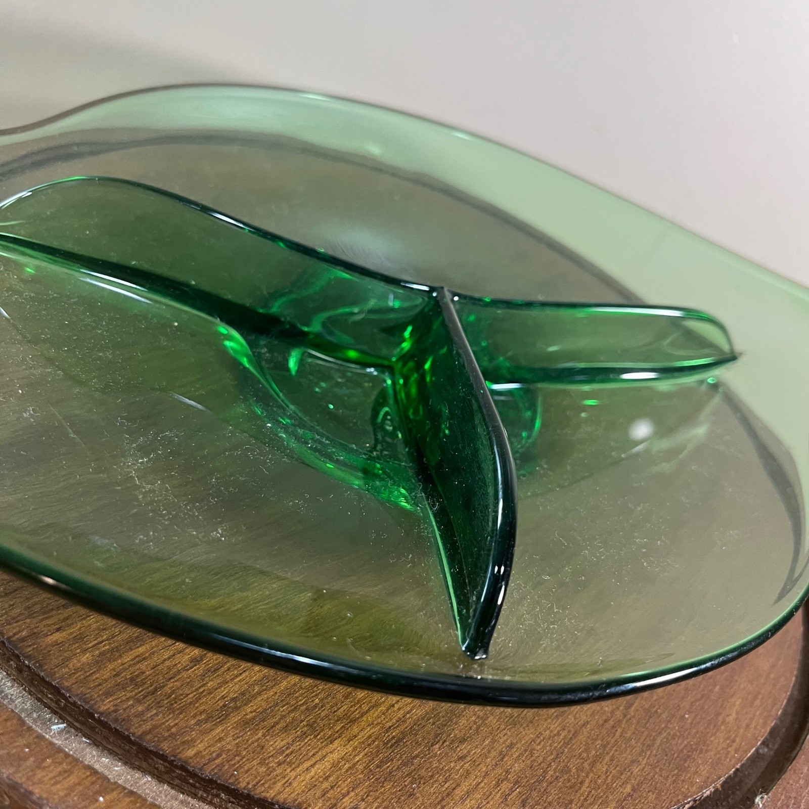 Vtg Viking Glass Epic Leaf Emerald Green Divided Relish Dish Mid Century Modern