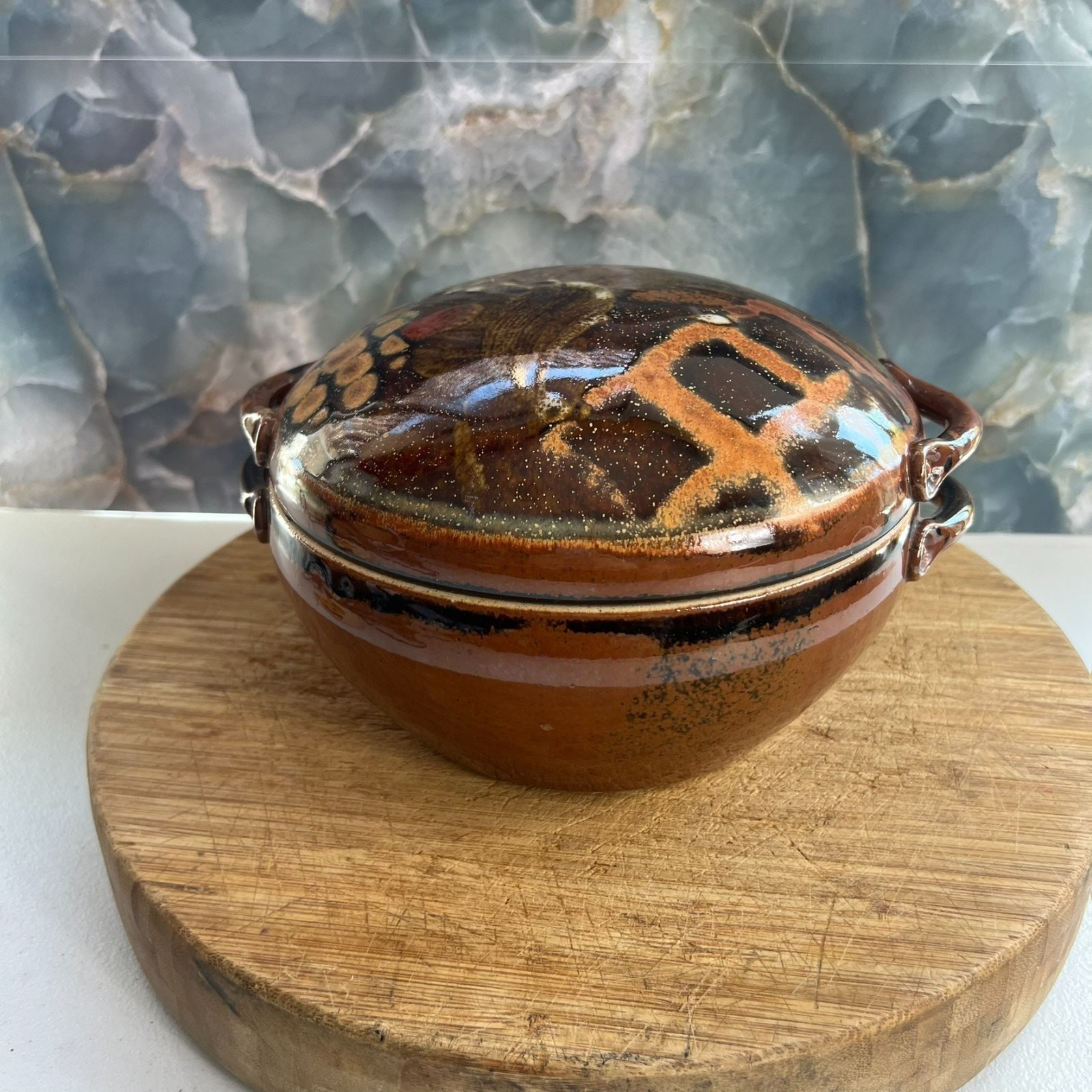 Art Studio Pottery Casserole With Handles & Lid 8″ Stoneware Brown Glazed 80s