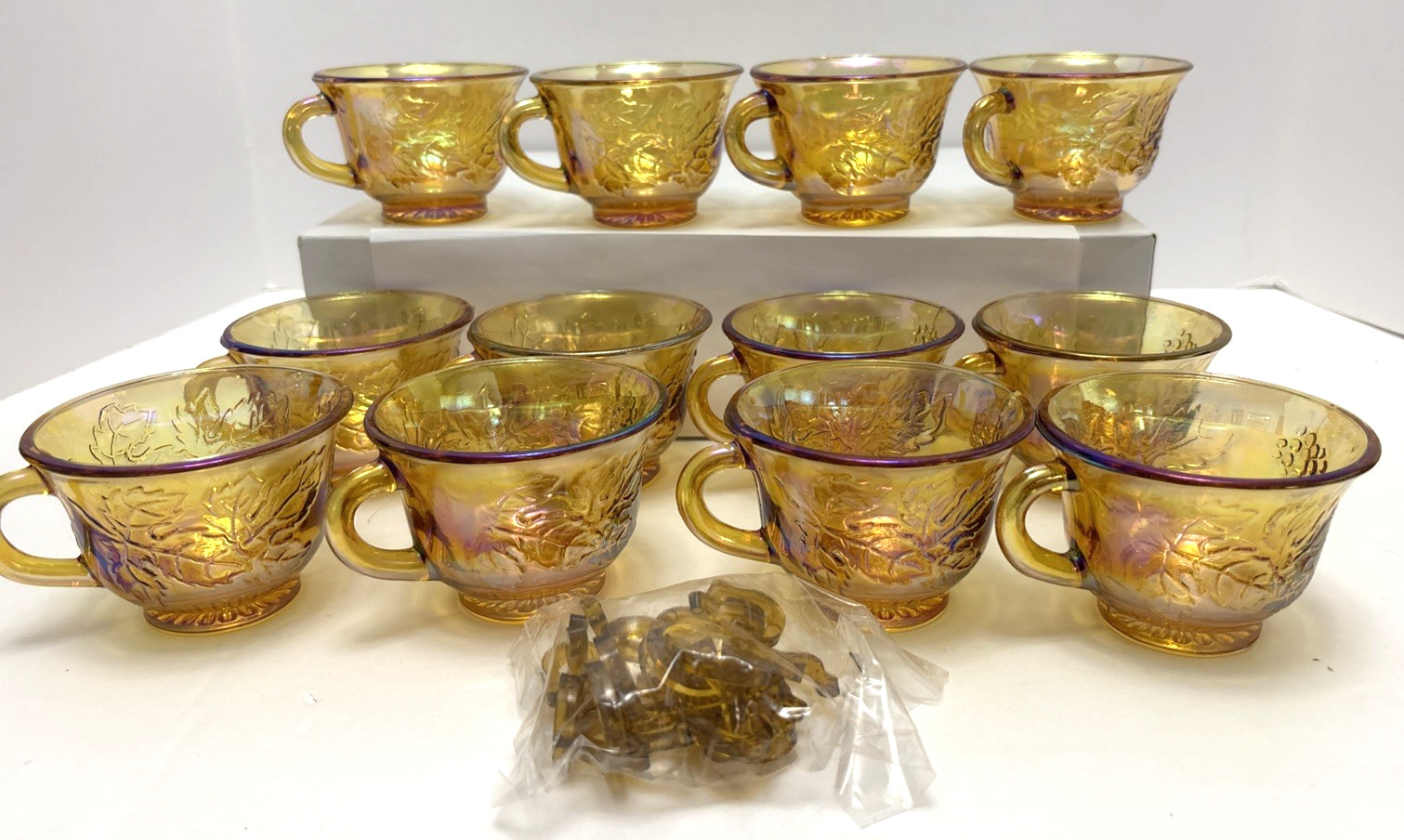 12 Indiana Carnival Glass Iridescent Gold Harvest Punch Bowl Cups w/ Hooks 6 oz