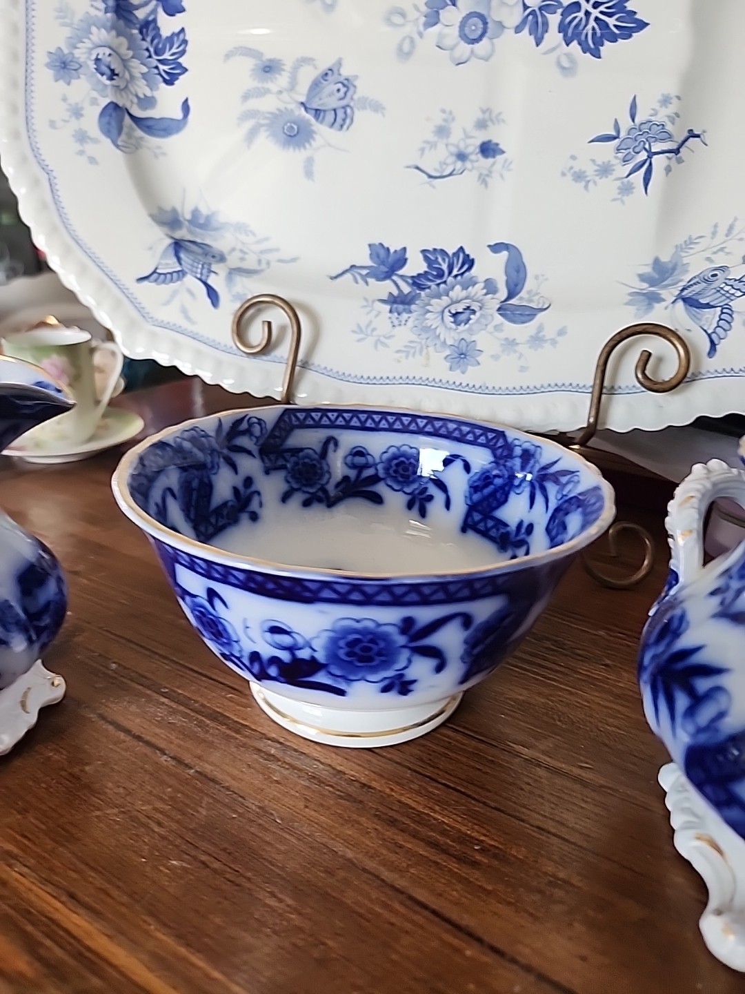 Rare Flow Blue Sugar Creamer And Bowl Trio Set Asian Motif Gold Band