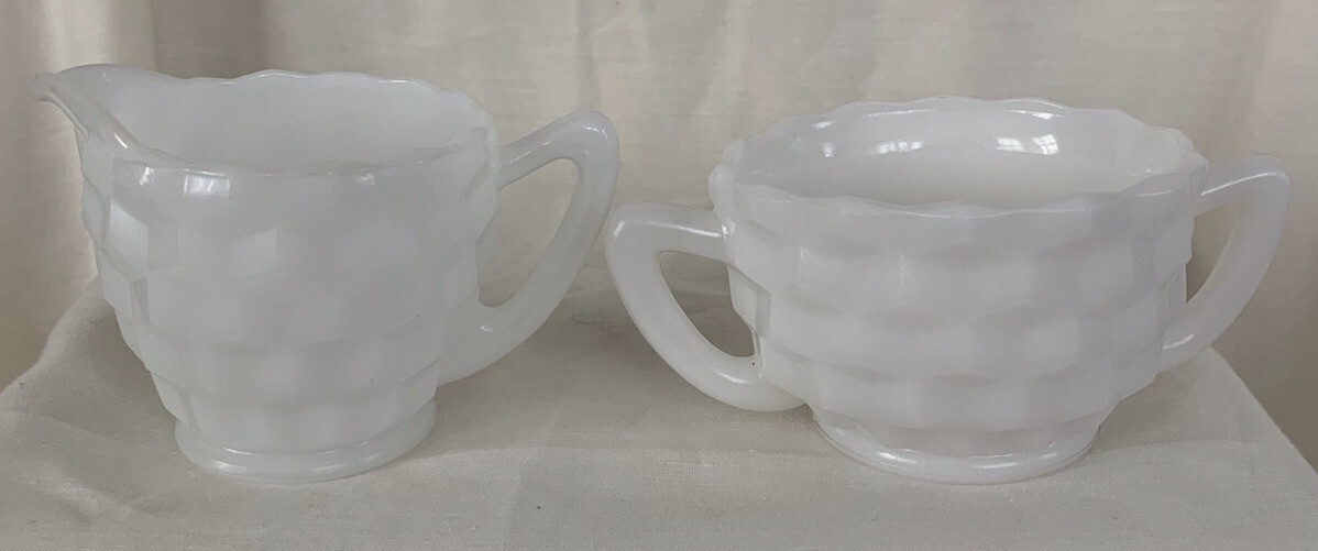 Vintage Hazel Atlas Cubed Pattern Milk Glass Open Sugar Bowl and Creamer