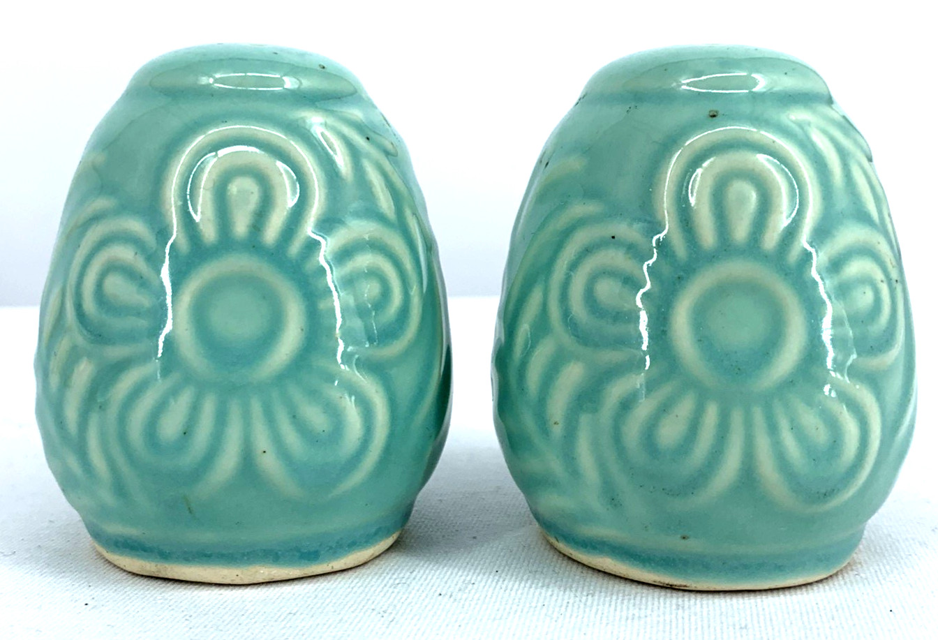 Shawnee Pottery Salt Pepper Shakers Aqua Blue Turquoise Flower Fern 3” Embossed