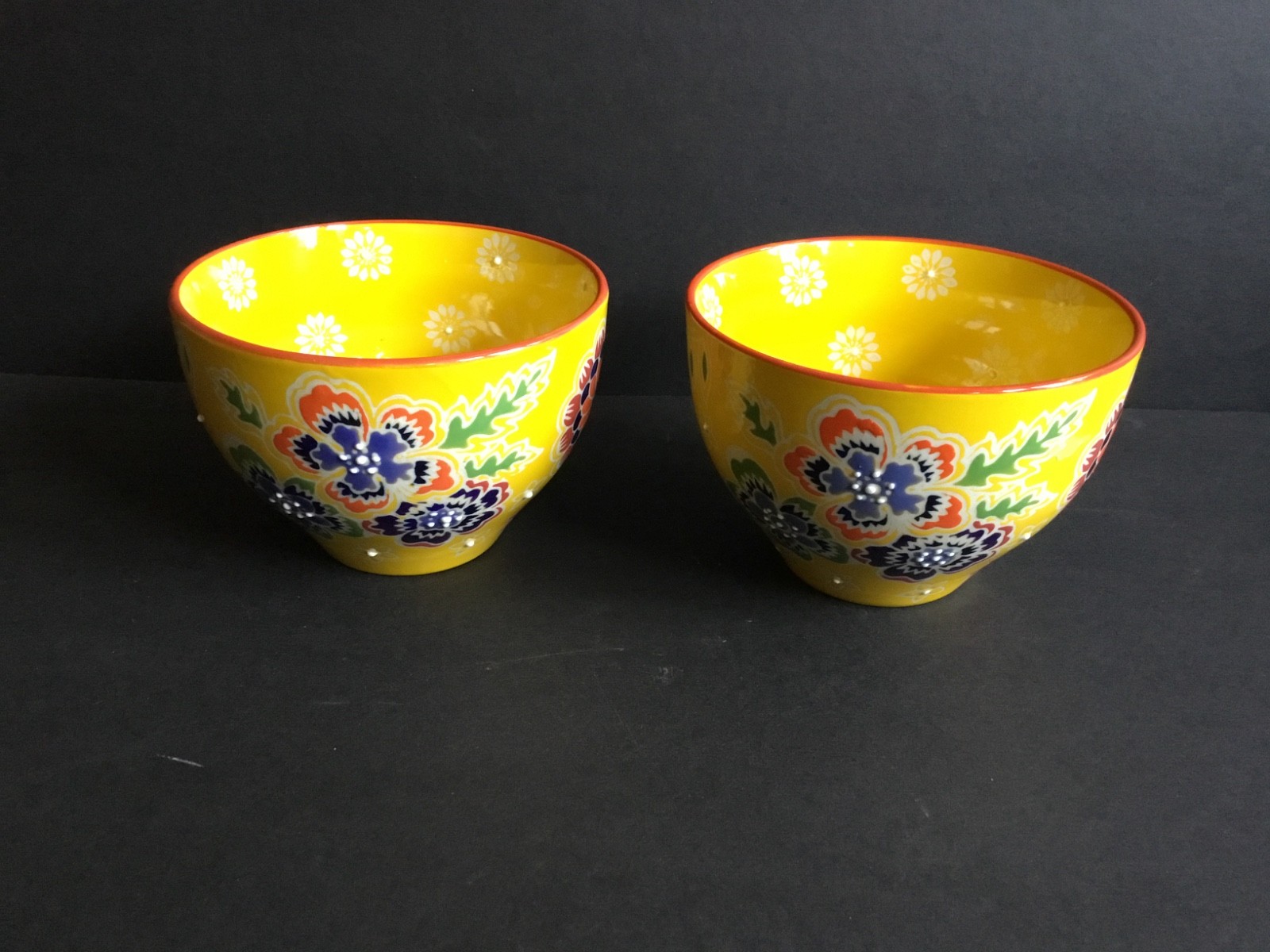 2 Yokohama Studio Yellow Floral Hand Painted Noodle Rice Bowl 6″ Diameter Japan