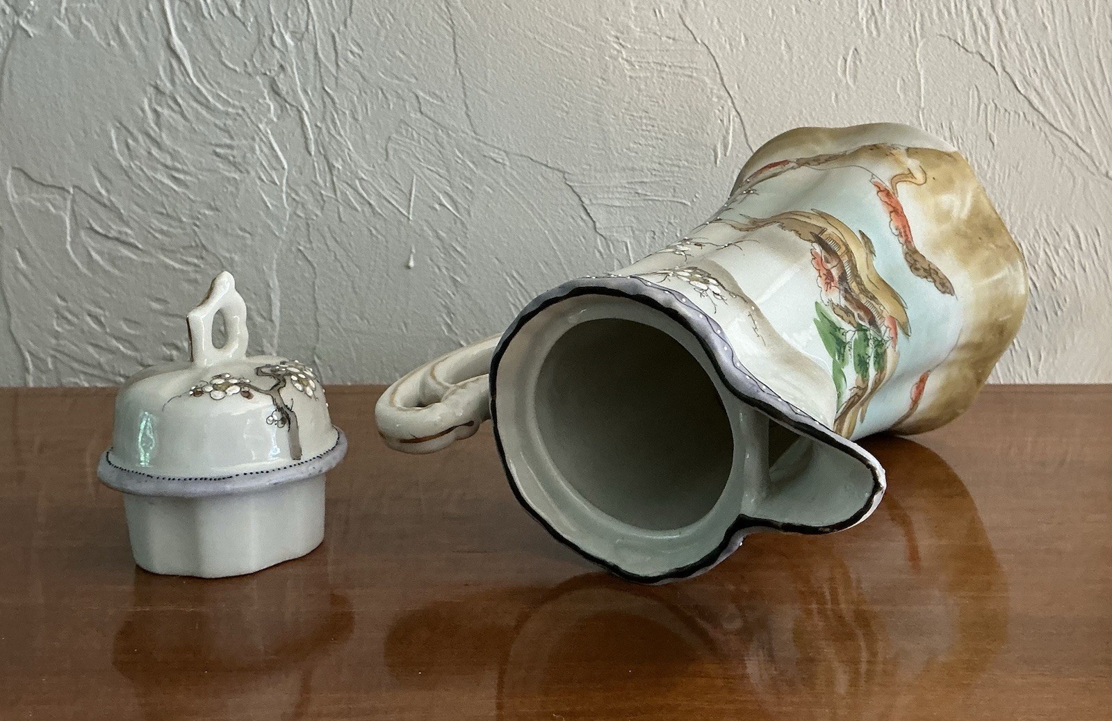 Antique Nippon Hand Painted Moriage Chocolate Pot Set 14 Torii Gate Mark 1905-15