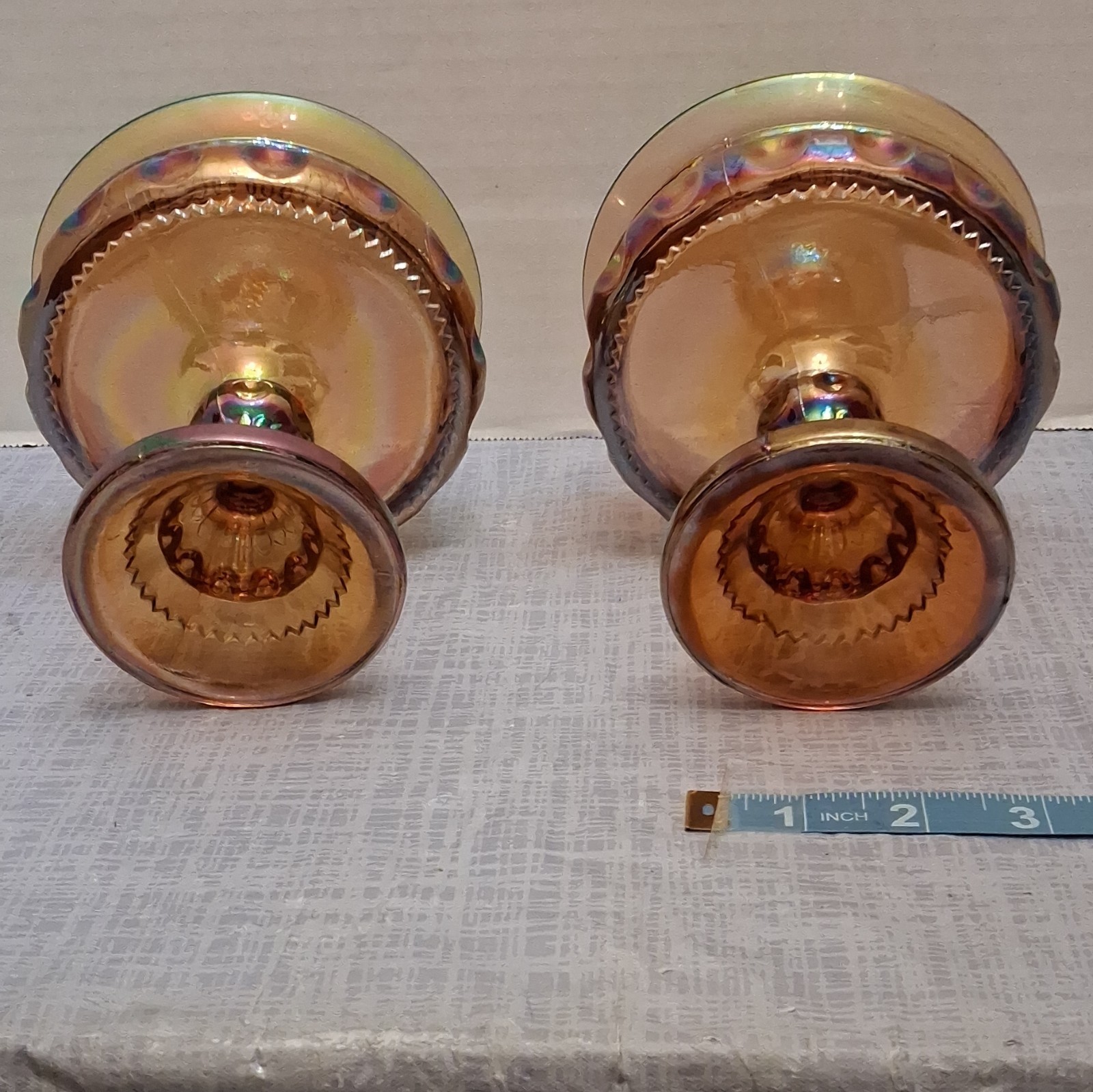 Amber Iridescent Carnival Glass Pedestal Compote Bowls, 5 in Height, Set of 2
