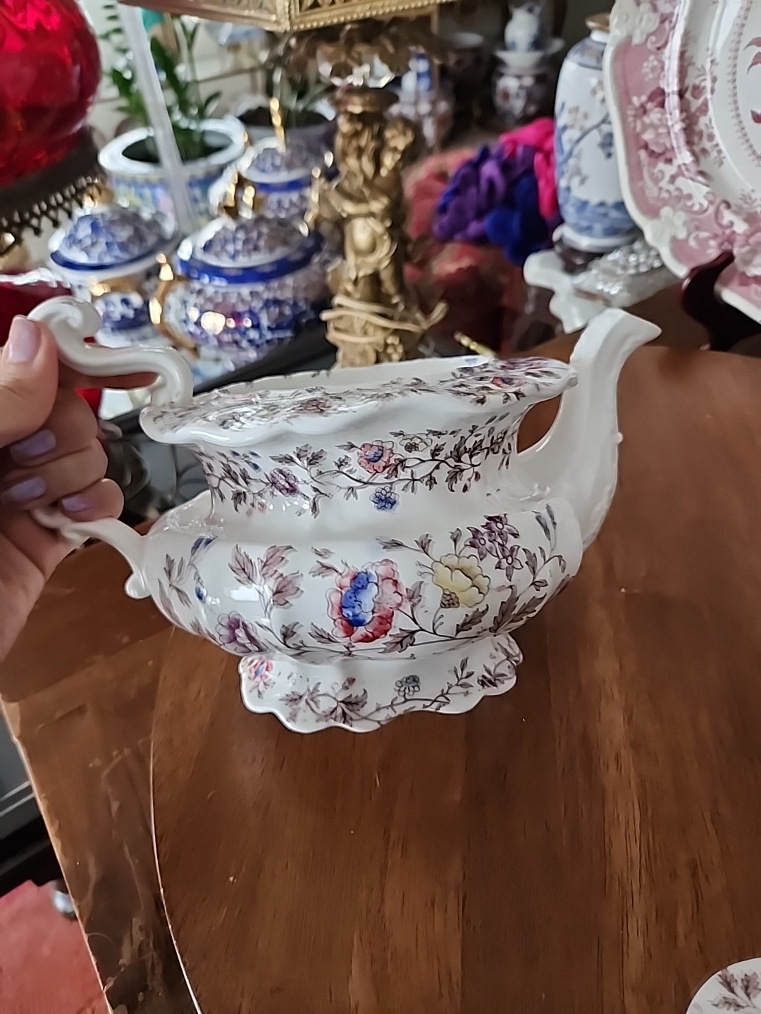 19thc Antique Brown Transferware Polychrome Porcelain Teapot