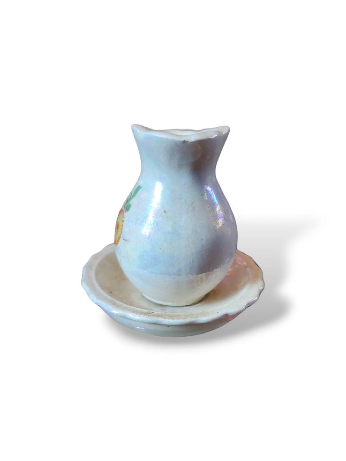 Vintage Miniature Creamer Pitcher And Saucer Set Floral Picture On Pitcher