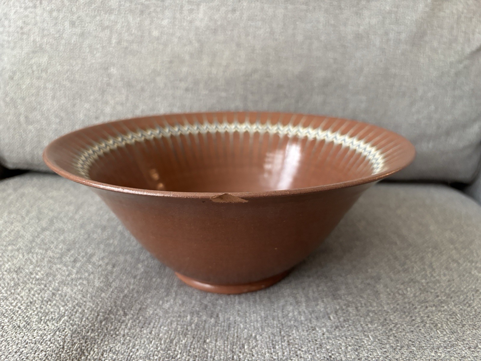 Handmade Painted Bowl 9.75” Earthenware Feather Pattern 1982 Signed James White