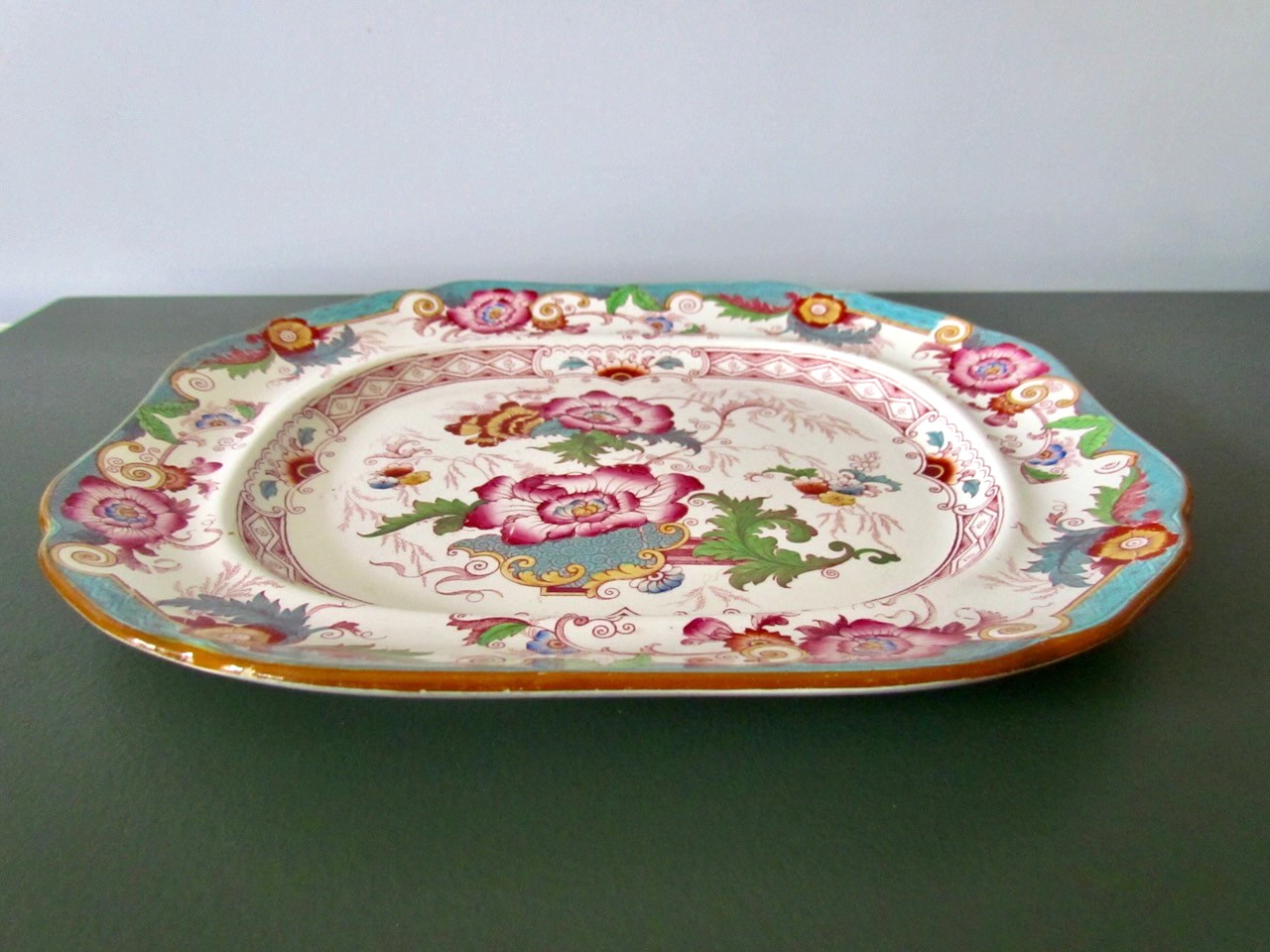Antique Cauldon Large Platter Bentinck Turquoise Floral Transferware England