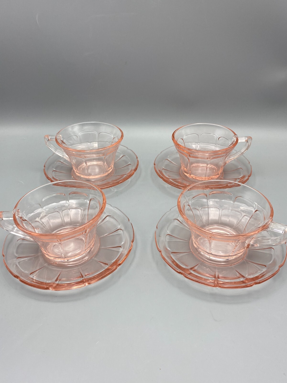 4x VTG Diamond Glass Co. VICTORY Pink Depression Glass Teacup & Saucer Set